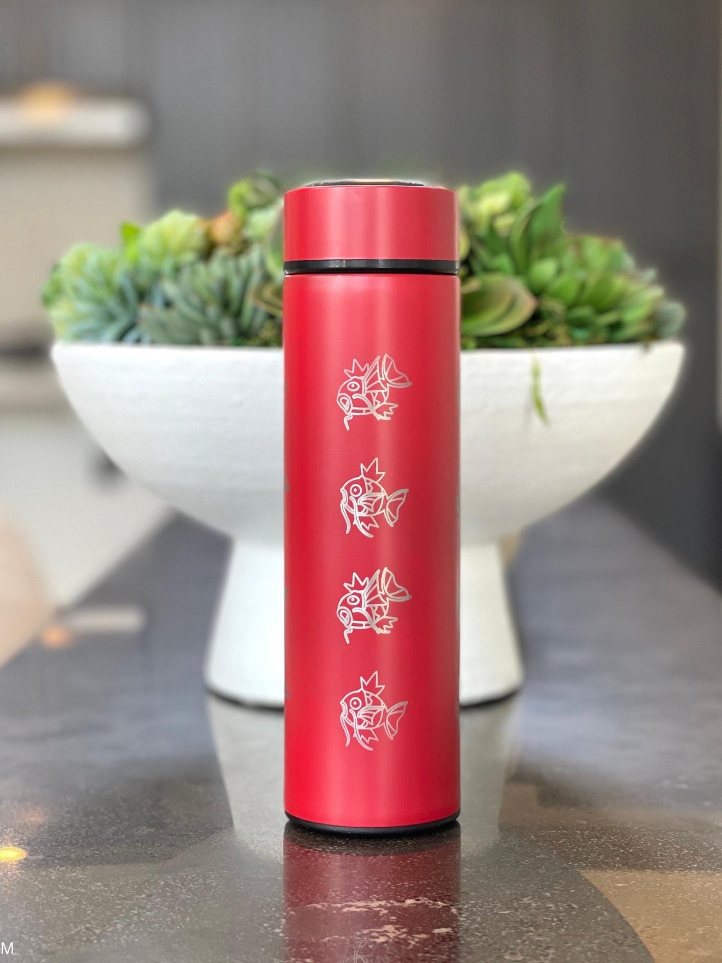 Magikarp Coffee Tumbler, Engraved Water Bottle with Tea Infuser, Cute Meme Waterbottle Travel Mug Thermos Flask, Anime Fan Birthday Gift