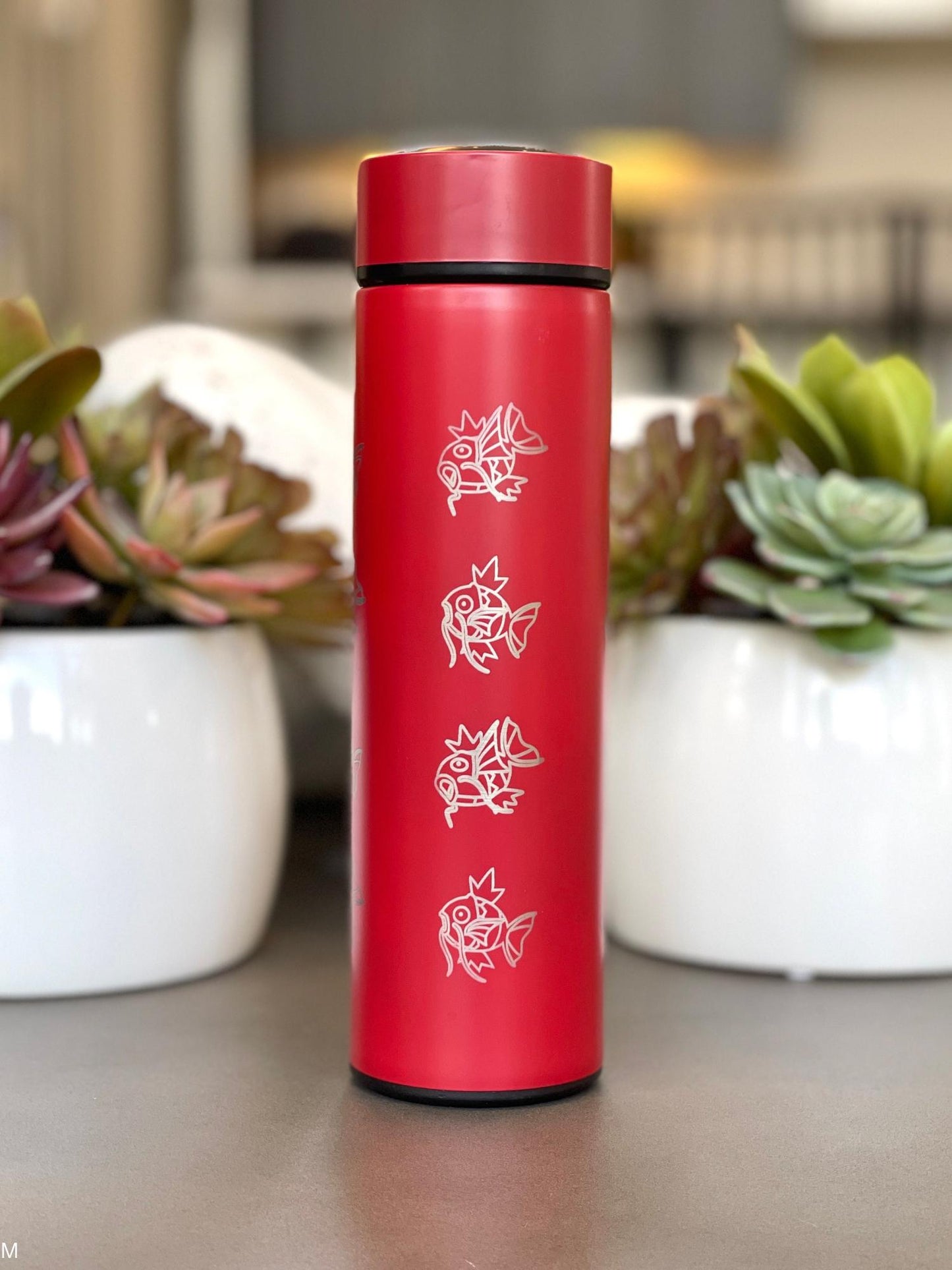 Magikarp Coffee Tumbler, Engraved Water Bottle with Tea Infuser, Cute Meme Waterbottle Travel Mug Thermos Flask, Anime Fan Birthday Gift