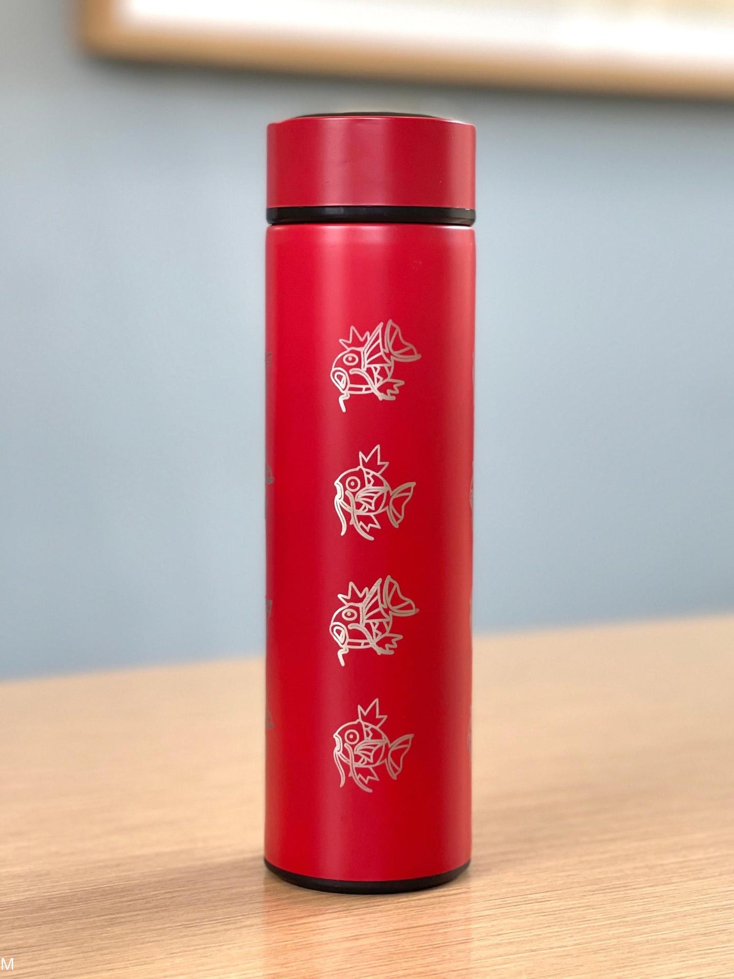 Magikarp Coffee Tumbler, Engraved Water Bottle with Tea Infuser, Cute Meme Waterbottle Travel Mug Thermos Flask, Anime Fan Birthday Gift
