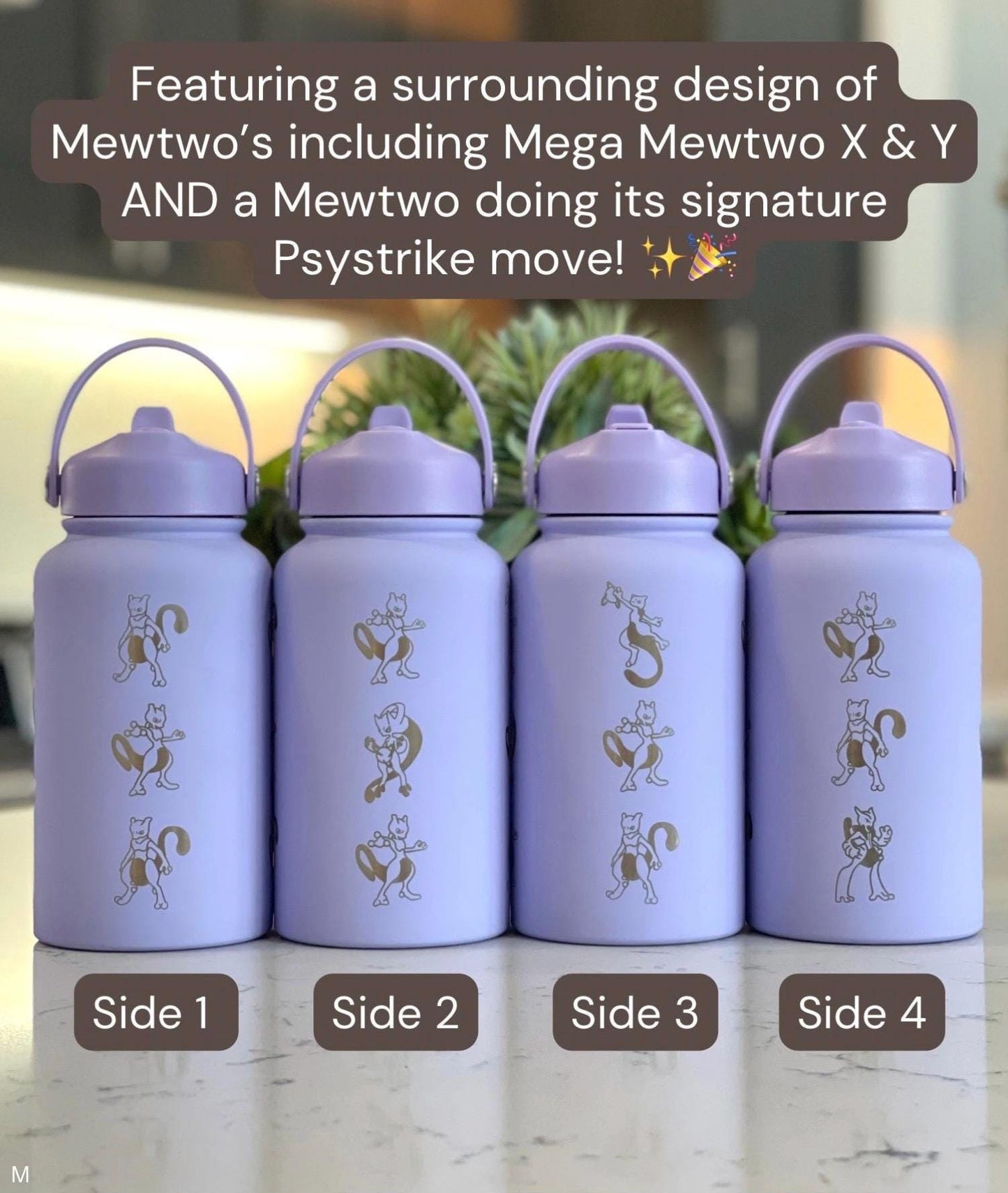 Mewtwo Straw Water Bottle, Mega Mewtwo X & Y Psystrike Legendary Waterbottle Thermos, Engraved Coffee Tea Tumbler Birthday Anniversary Gift