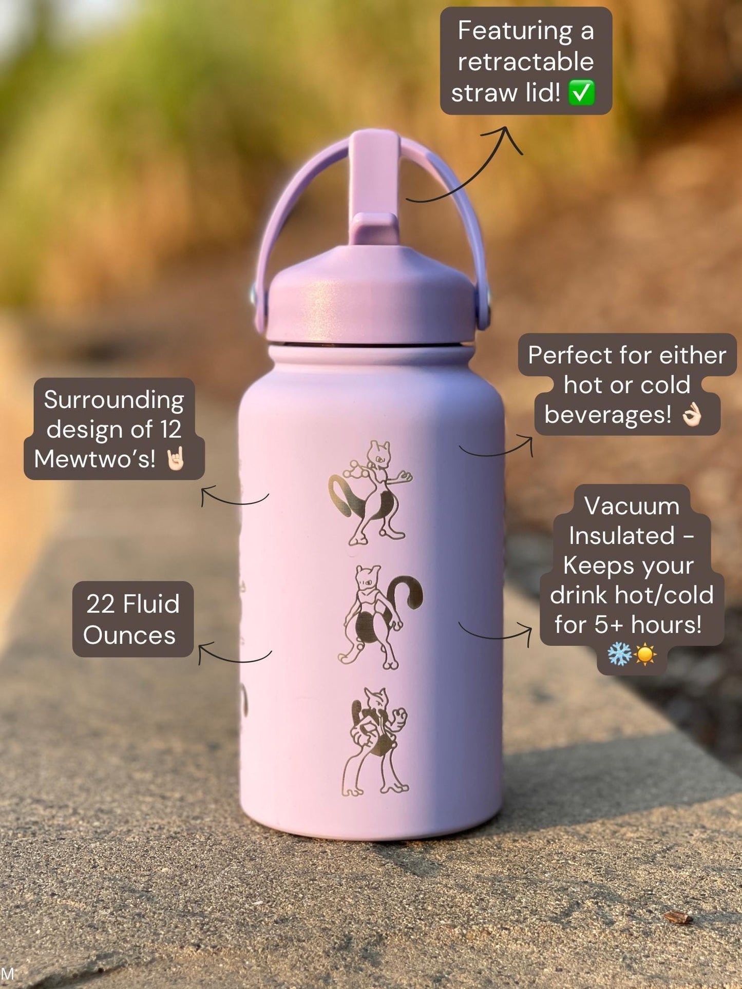 Mewtwo Straw Water Bottle, Mega Mewtwo X & Y Psystrike Legendary Waterbottle Thermos, Engraved Coffee Tea Tumbler Birthday Anniversary Gift
