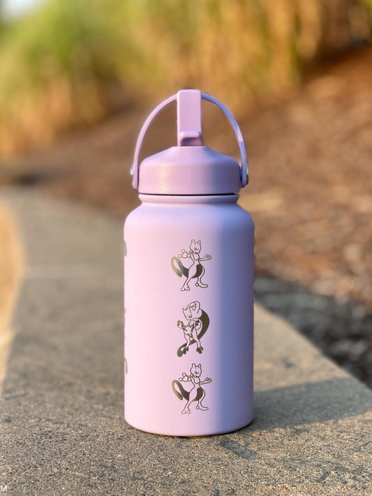 Mewtwo Straw Water Bottle, Mega Mewtwo X & Y Psystrike Legendary Waterbottle Thermos, Engraved Coffee Tea Tumbler Birthday Anniversary Gift