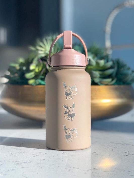 Eevee Engraved Water Bottle, Straw Waterbottle with Gigantamax & Fluffy Shaggy Hair Lana’s Eevee Coffee Tumbler, Anime Fan Birthday Gift