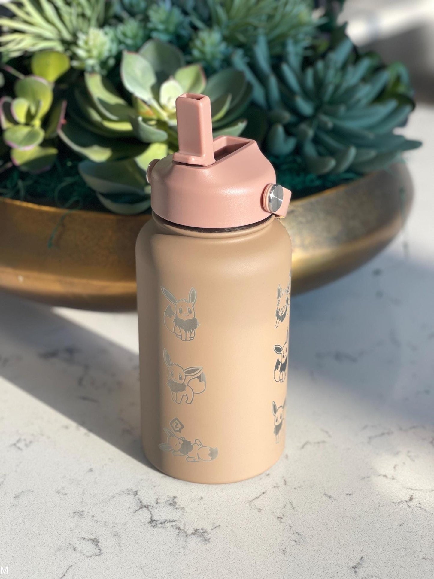 Eevee Engraved Water Bottle, Straw Waterbottle with Gigantamax & Fluffy Shaggy Hair Lana’s Eevee Coffee Tumbler, Anime Fan Birthday Gift