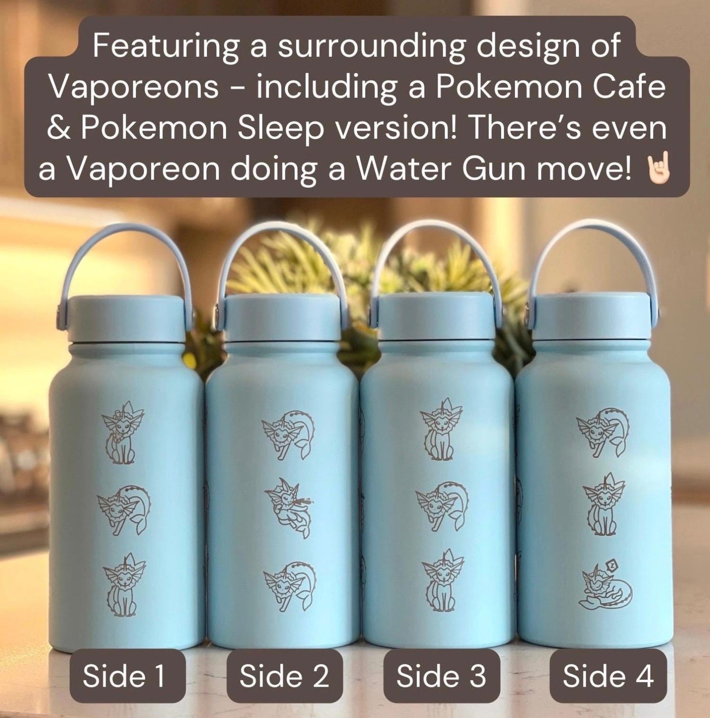 Vaporeon Water Bottle Coffee Tumbler with Sleeping Vaporeon, Water Gun & Cafe Top Hat Version, Eeveelution Fan Waterbottle Anniversary Gift