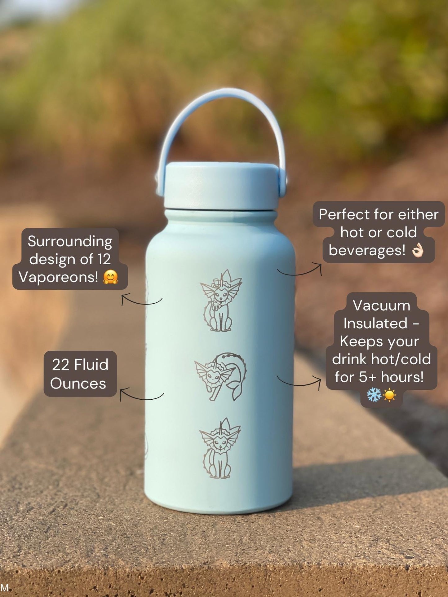 Vaporeon Water Bottle Coffee Tumbler with Sleeping Vaporeon, Water Gun & Cafe Top Hat Version, Eeveelution Fan Waterbottle Anniversary Gift
