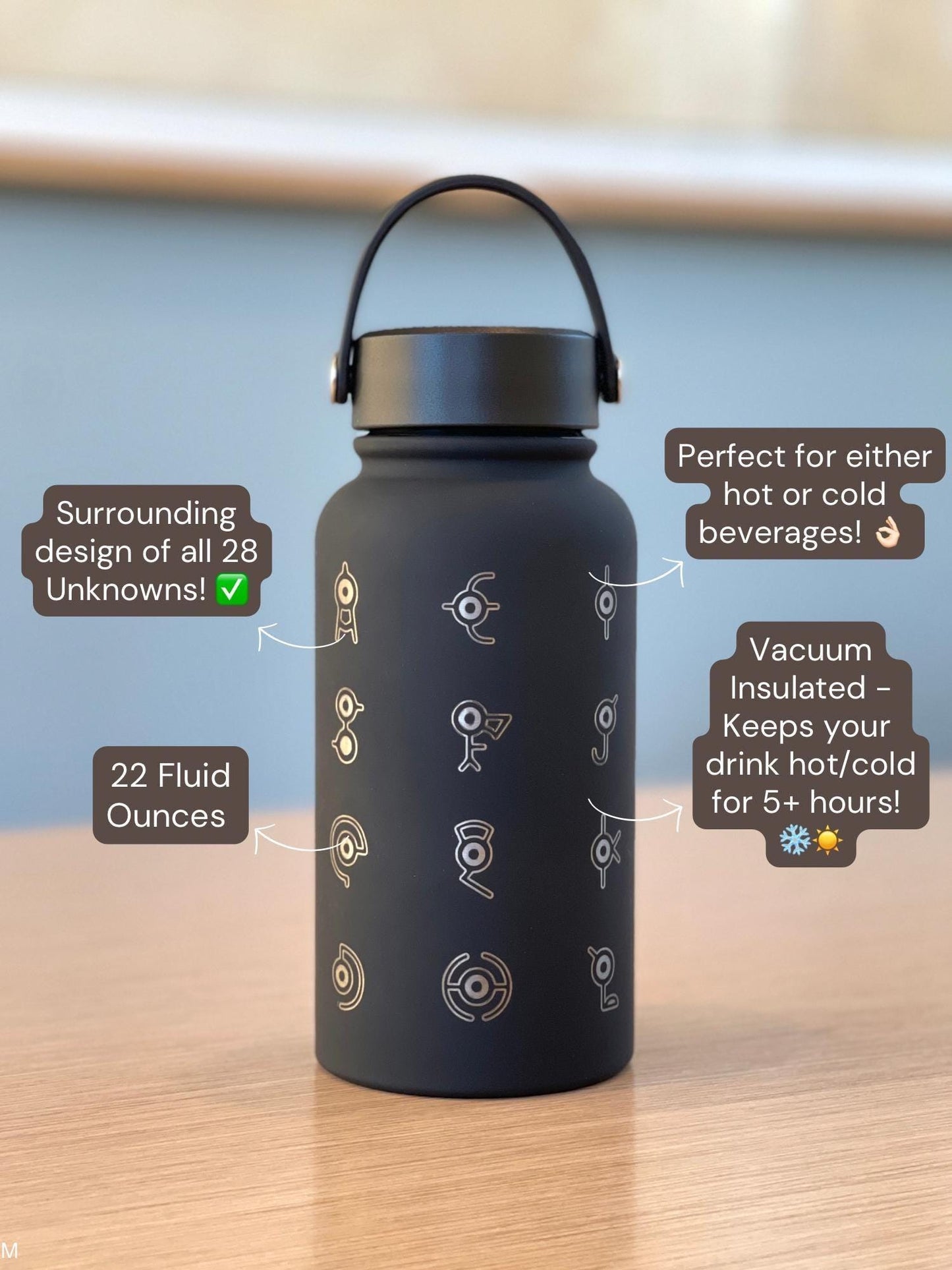 Unown Alphabet Water Bottle, Engraved “28 Unowns” Waterbottle Coffee Tumbler, Unknown Anime Fan Birthday Thermos Travel Mug Flask Gift