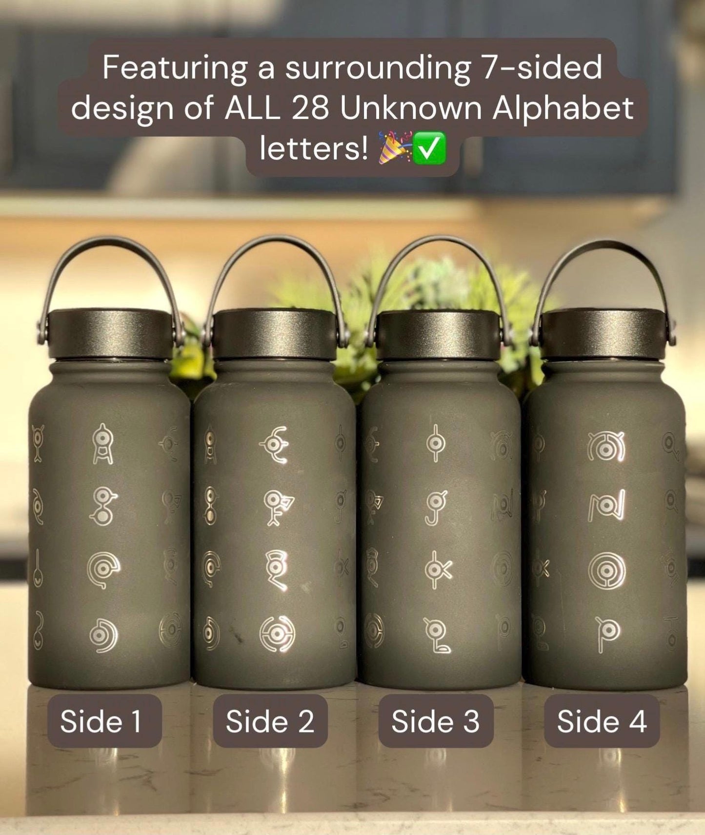Unown Alphabet Water Bottle, Engraved “28 Unowns” Waterbottle Coffee Tumbler, Unknown Anime Fan Birthday Thermos Travel Mug Flask Gift