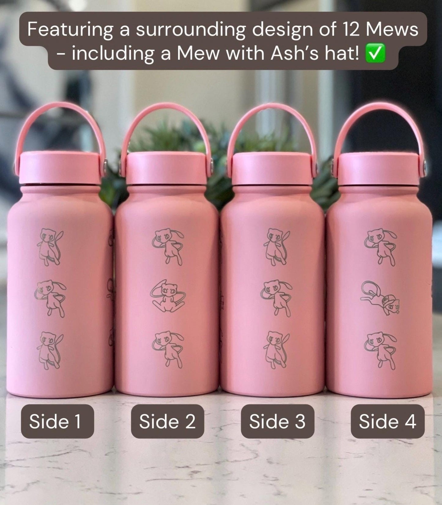 Mew Engraved Waterbottle Coffee Tumbler with Ash Ketchum Hat, Mythical Kanto Thermos Water Bottle Travel Mug Anniversary Birthday Gift