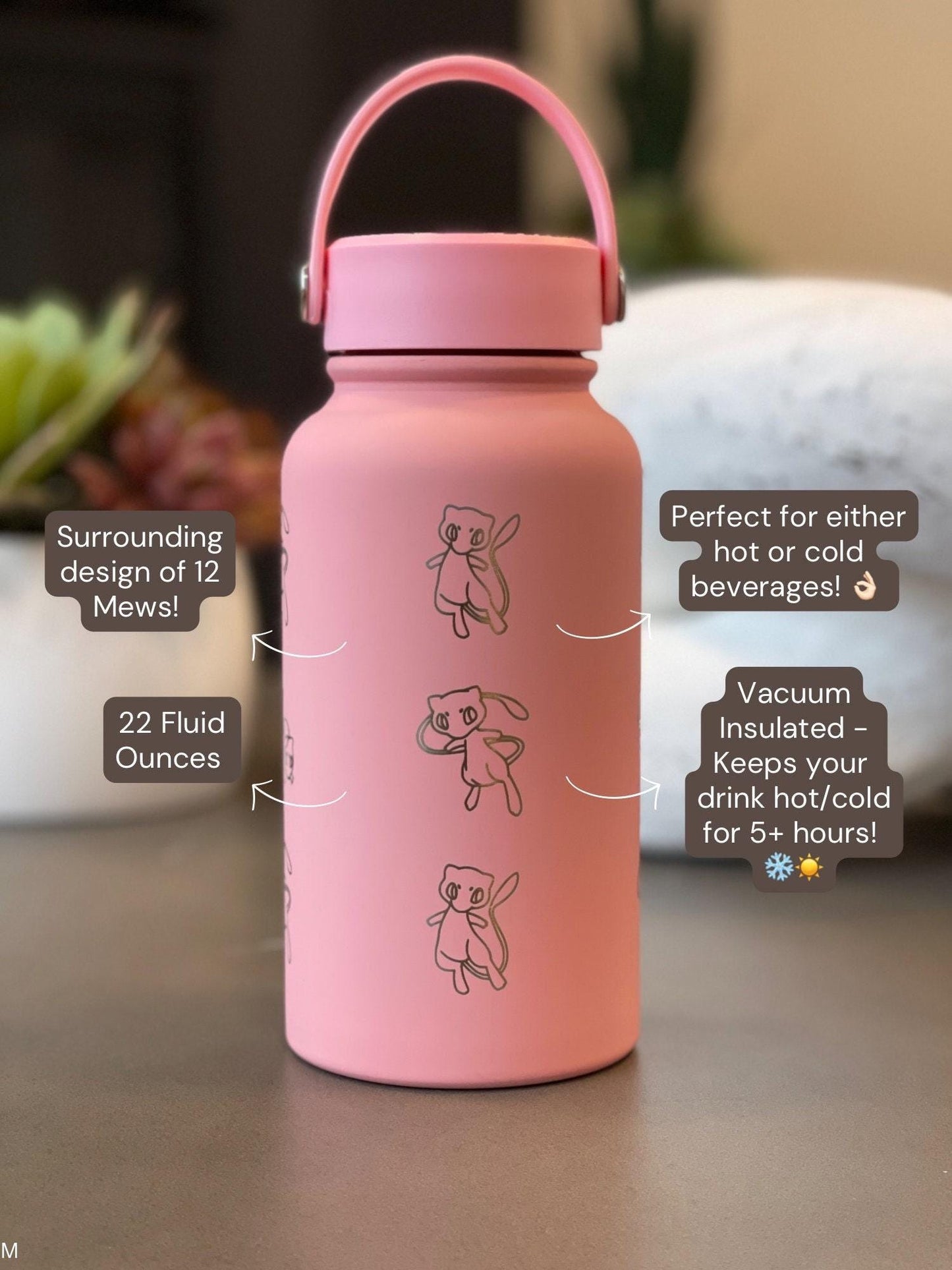 Mew Engraved Waterbottle Coffee Tumbler with Ash Ketchum Hat, Mythical Kanto Thermos Water Bottle Travel Mug Anniversary Birthday Gift