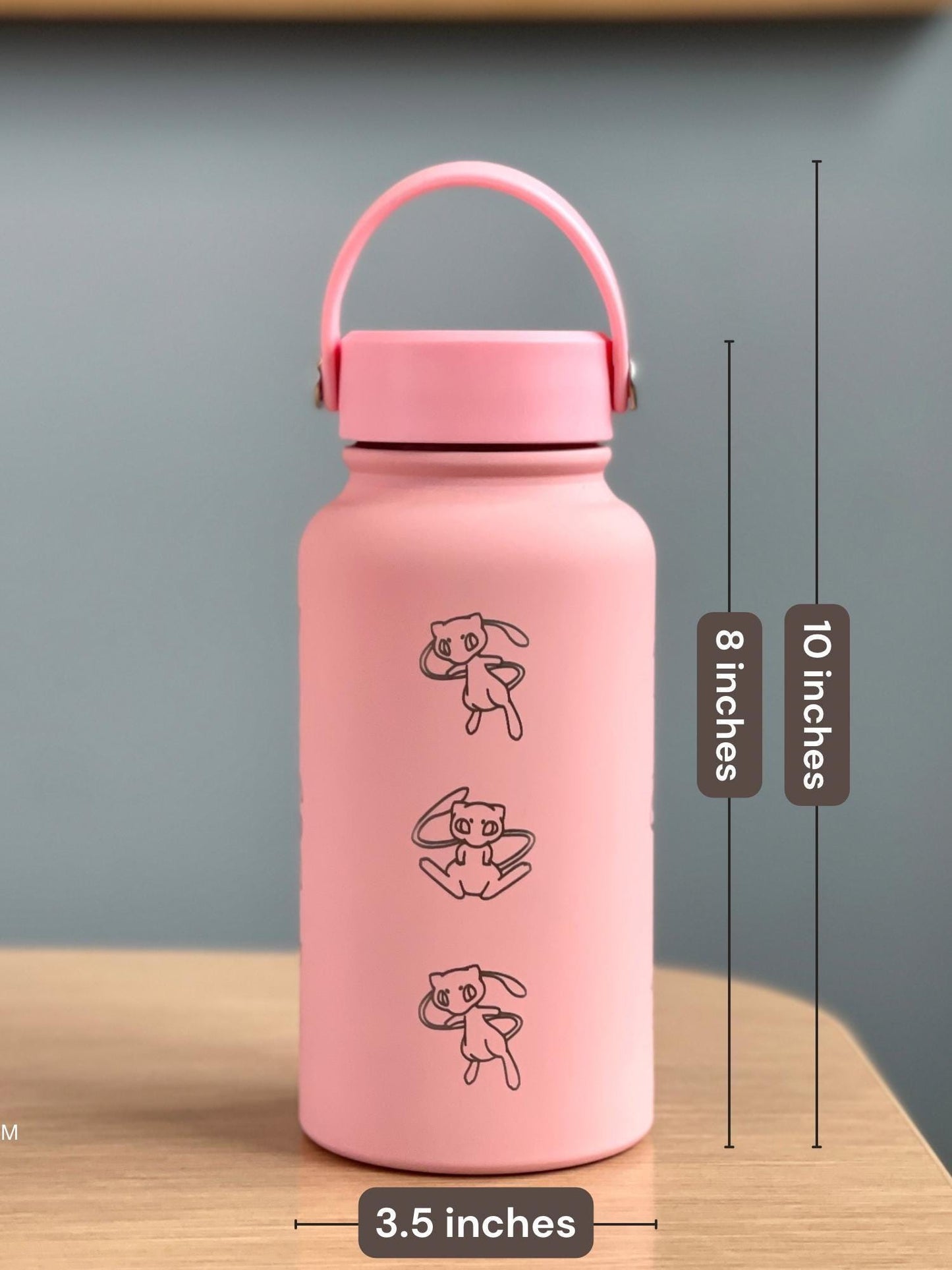Mew Engraved Waterbottle Coffee Tumbler with Ash Ketchum Hat, Mythical Kanto Thermos Water Bottle Travel Mug Anniversary Birthday Gift