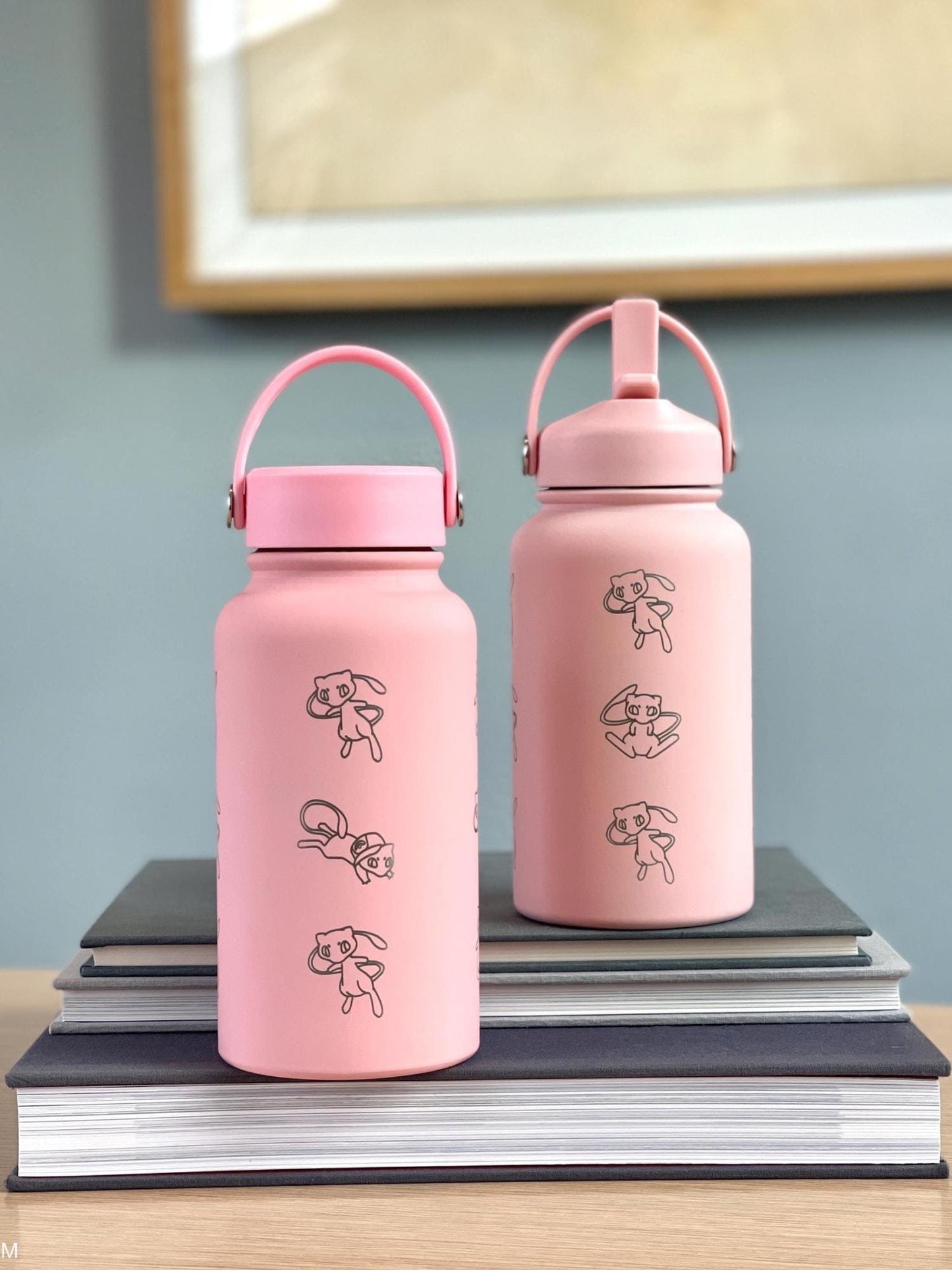 Mew Engraved Waterbottle Coffee Tumbler with Ash Ketchum Hat, Mythical Kanto Thermos Water Bottle Travel Mug Anniversary Birthday Gift