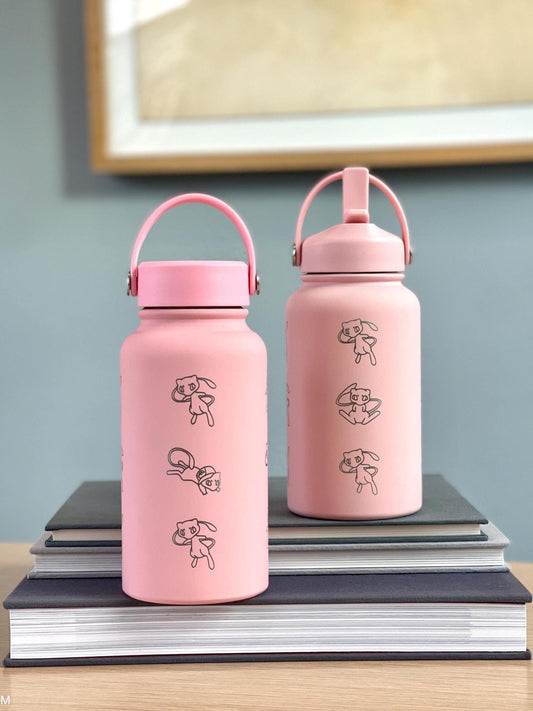 Mew Engraved Waterbottle Coffee Tumbler with Ash Ketchum Hat, Mythical Kanto Thermos Water Bottle Travel Mug Anniversary Birthday Gift