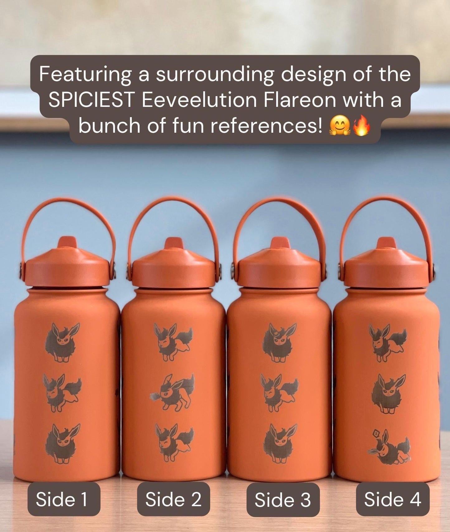 Flareon Water Bottle Engraved Coffee Tumbler with Cafe Top Hat and Flamethrower, Eevee Fire Evolution Waterbottle, Anime Fan Birthday Gift