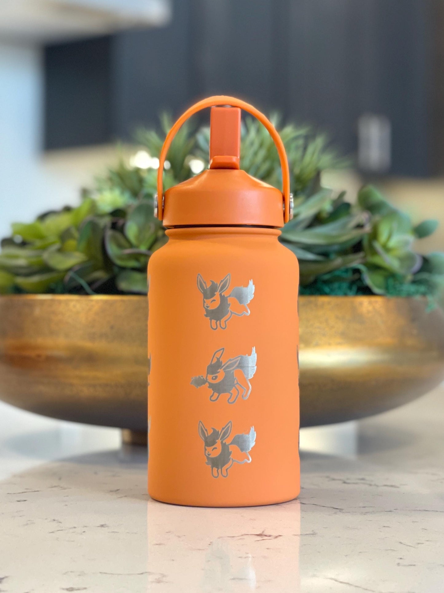 Flareon Water Bottle Engraved Coffee Tumbler with Cafe Top Hat and Flamethrower, Eevee Fire Evolution Waterbottle, Anime Fan Birthday Gift