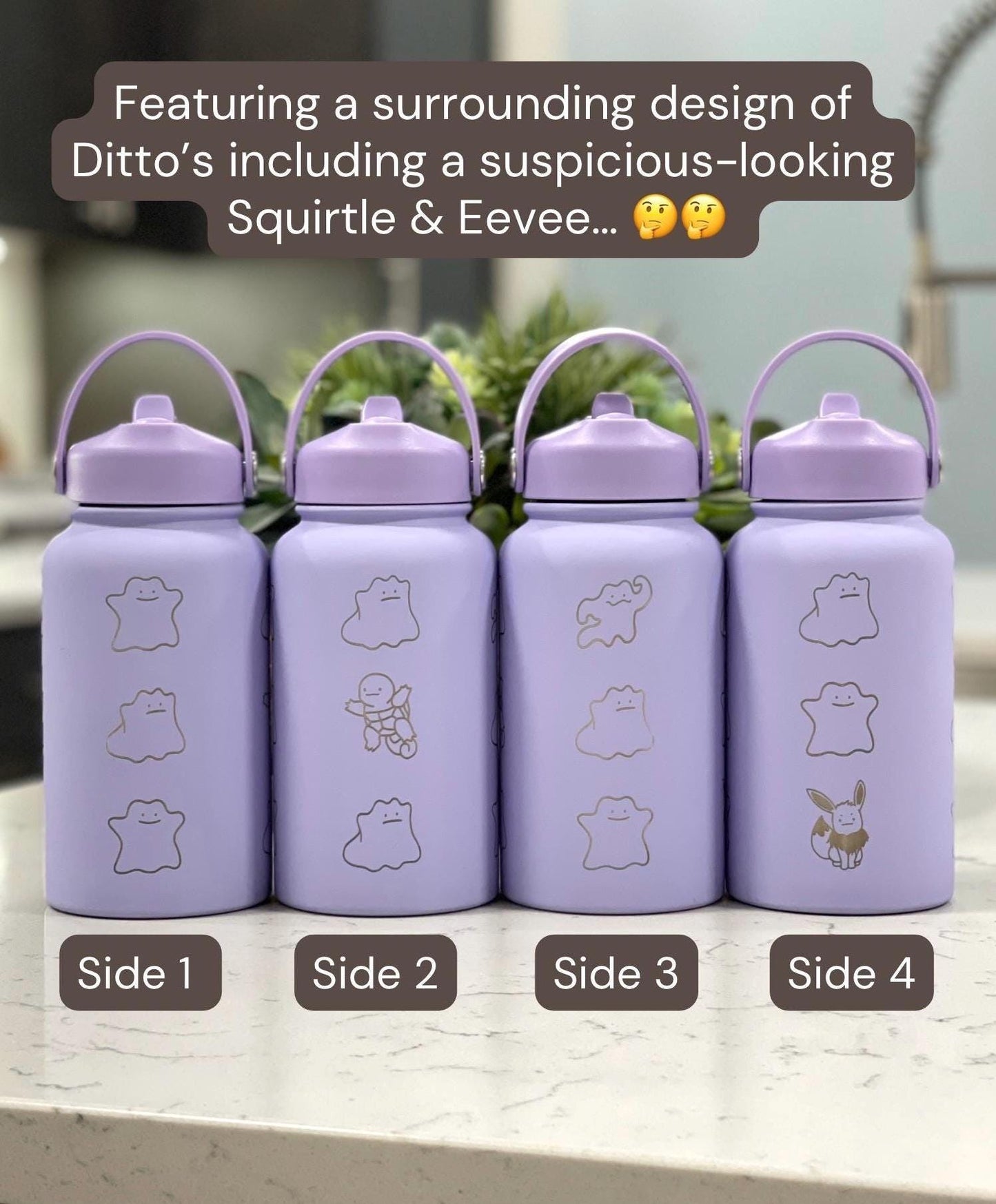 Ditto Water Bottle Engraved Coffee Straw Tumbler Waterbottle with Fake Ditto Squirtle & Eevee, Funny Meme Flask Birthday Anniversary Gift