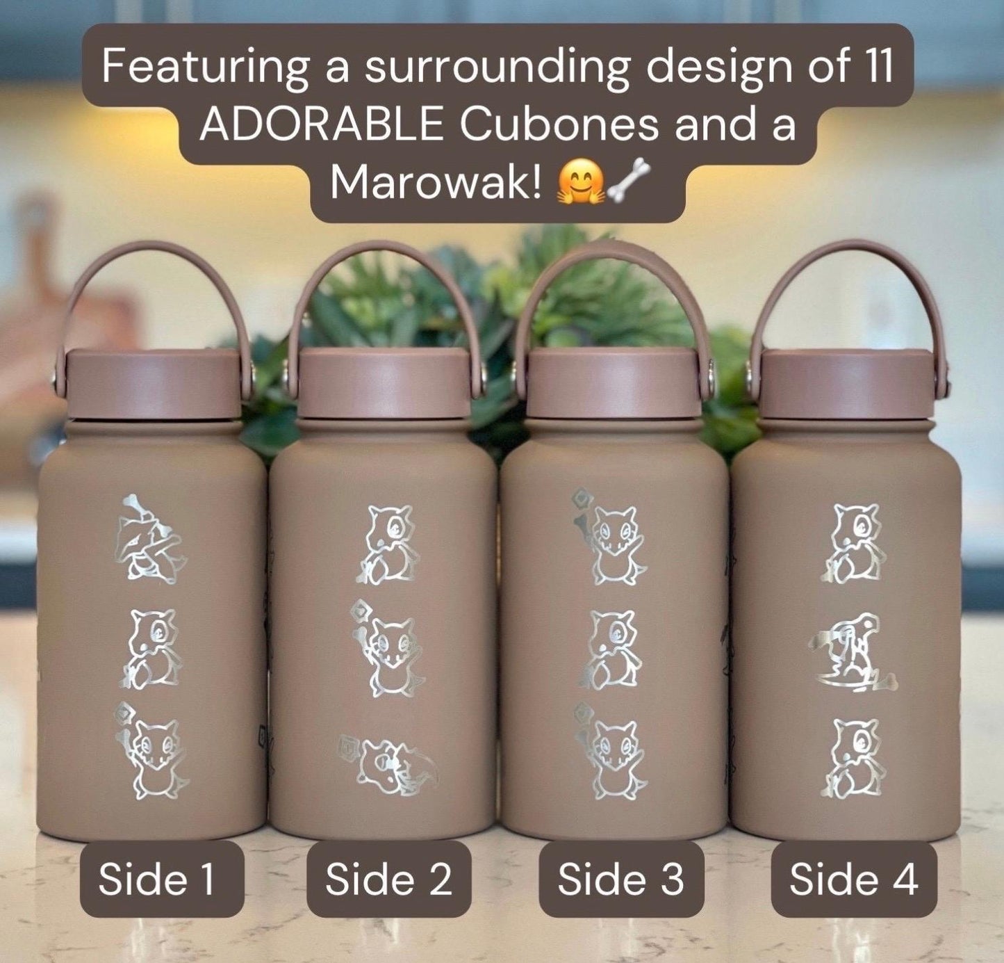 Cubone Marowak Waterbottle, Engraved Straw Coffee Tea Tumbler Travel Mug Water Bottle, Kanto Anime Fan Flask Drinkware Birthday Gift