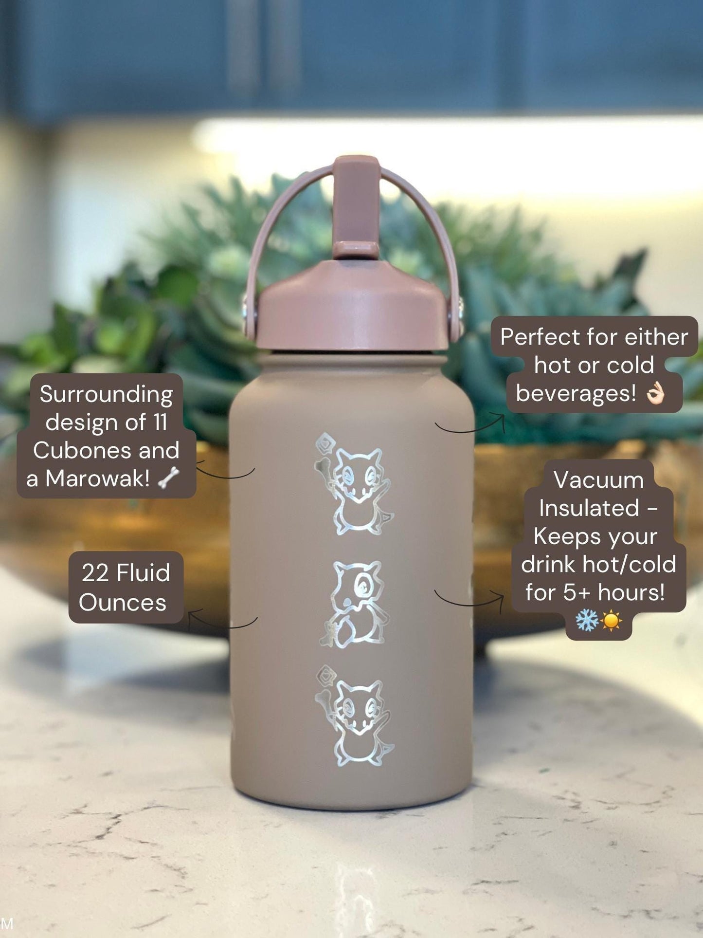 Cubone Marowak Waterbottle, Engraved Straw Coffee Tea Tumbler Travel Mug Water Bottle, Kanto Anime Fan Flask Drinkware Birthday Gift