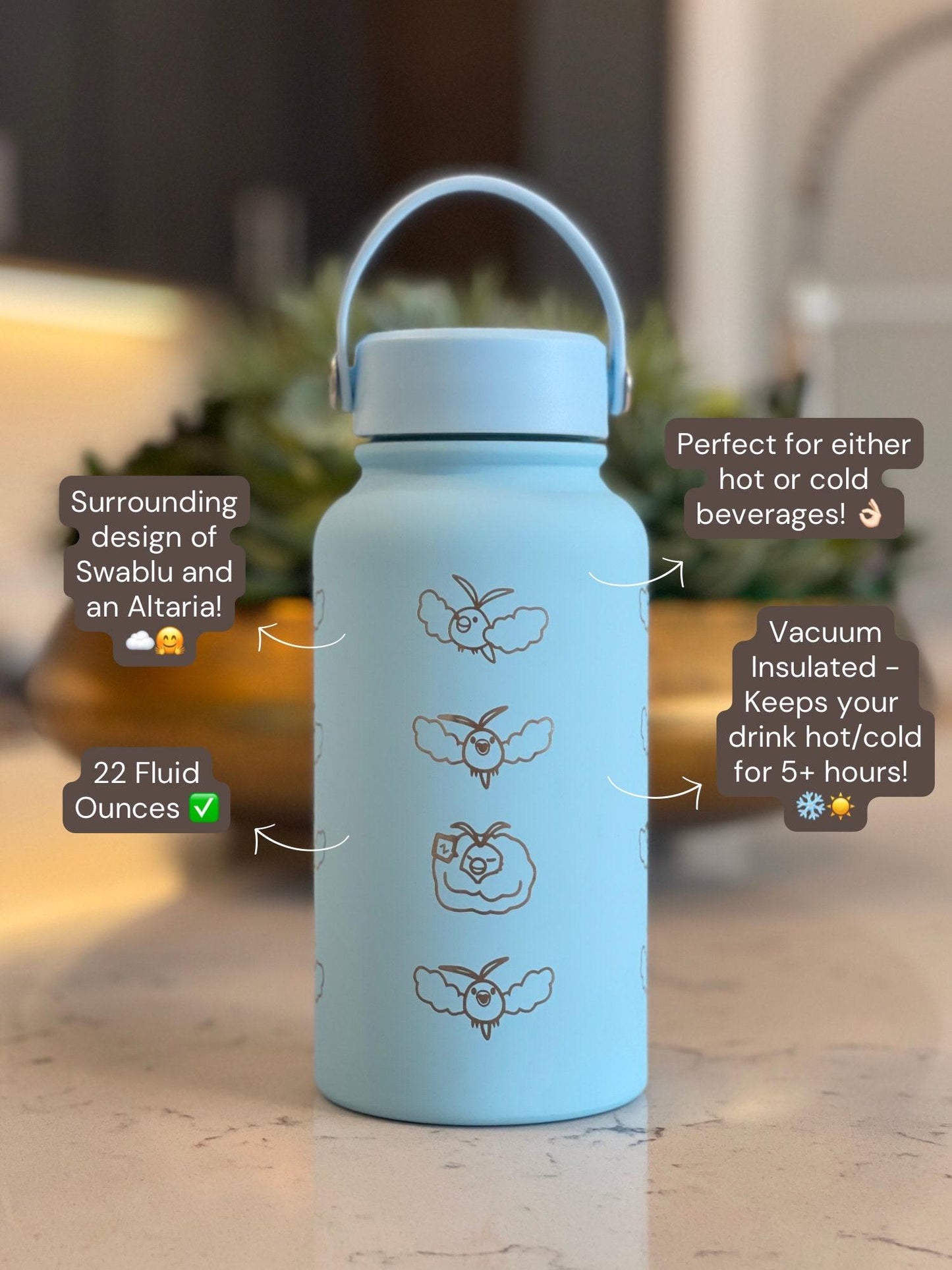 Swablu Altaria Waterbottle Engraved Coffee Tumbler with Sleeping Swablu, Flask Tea Travel Mug Cup Water Bottle, Hoenn Birthday Gamer Gift