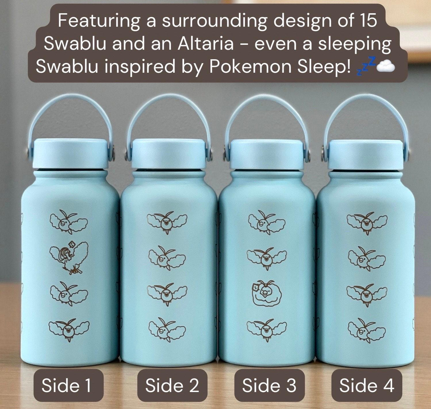 Swablu Altaria Waterbottle Engraved Coffee Tumbler with Sleeping Swablu, Flask Tea Travel Mug Cup Water Bottle, Hoenn Birthday Gamer Gift