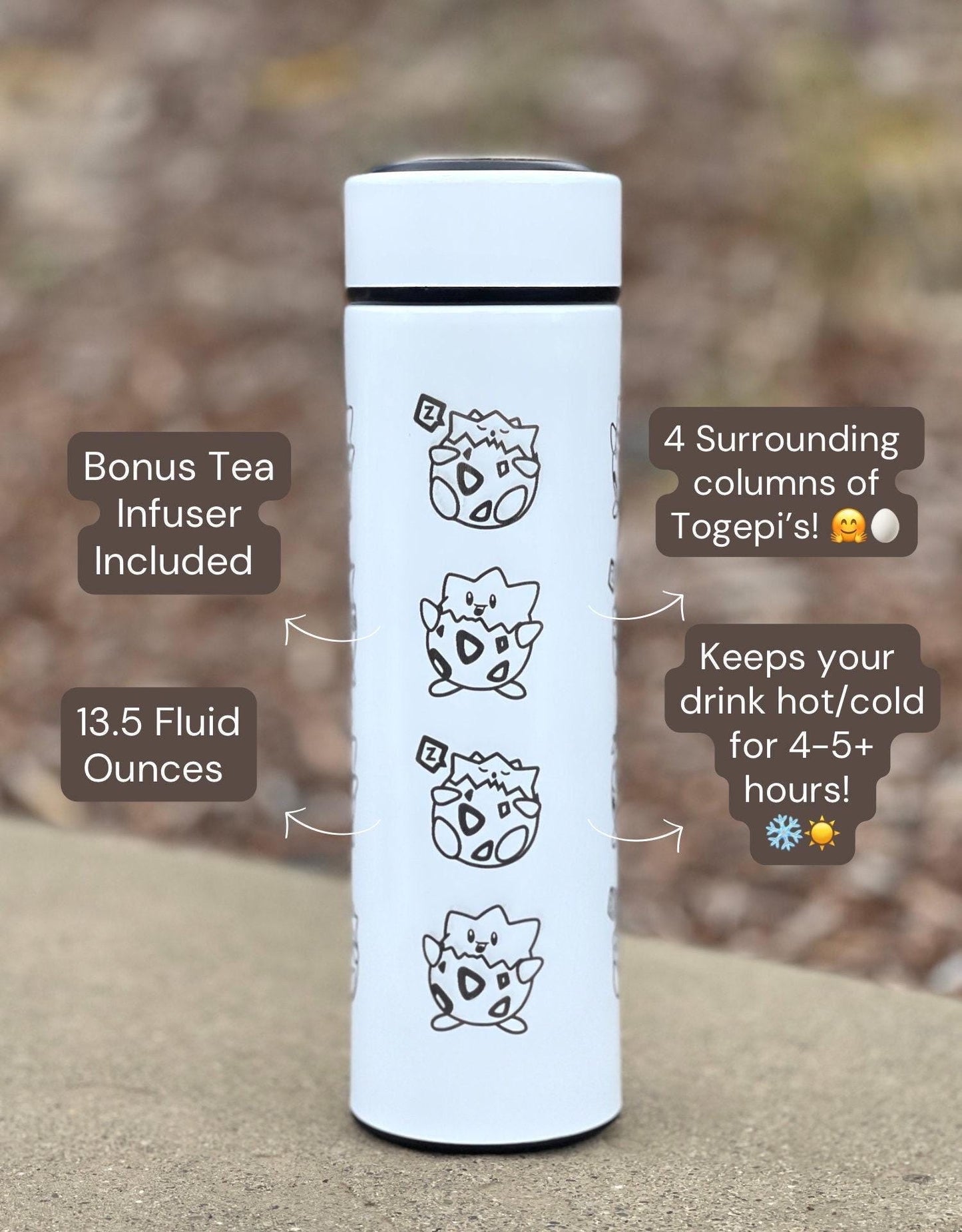 Togepi Engraved Coffee Tumbler with Tea Infuser, Crying & Angry Togepi with Banana, Funny Cute Anime Waterbottle Travel Mug Gift