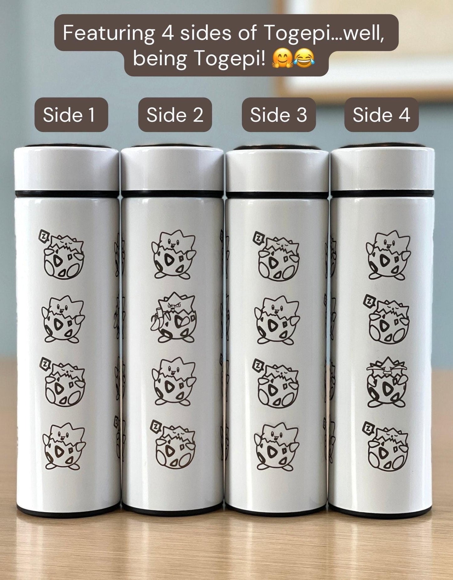 Togepi Engraved Coffee Tumbler with Tea Infuser, Crying & Angry Togepi with Banana, Funny Cute Anime Waterbottle Travel Mug Gift