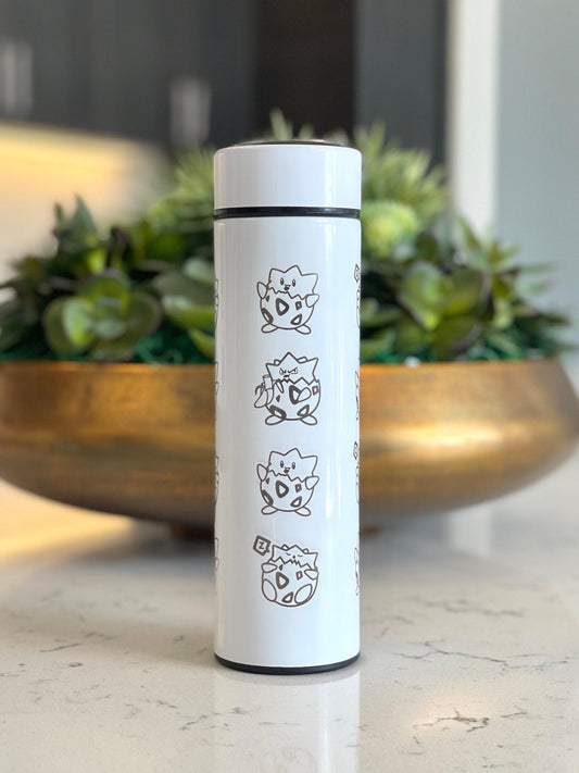 Togepi Engraved Coffee Tumbler with Tea Infuser, Crying & Angry Togepi with Banana, Funny Cute Anime Waterbottle Travel Mug Gift
