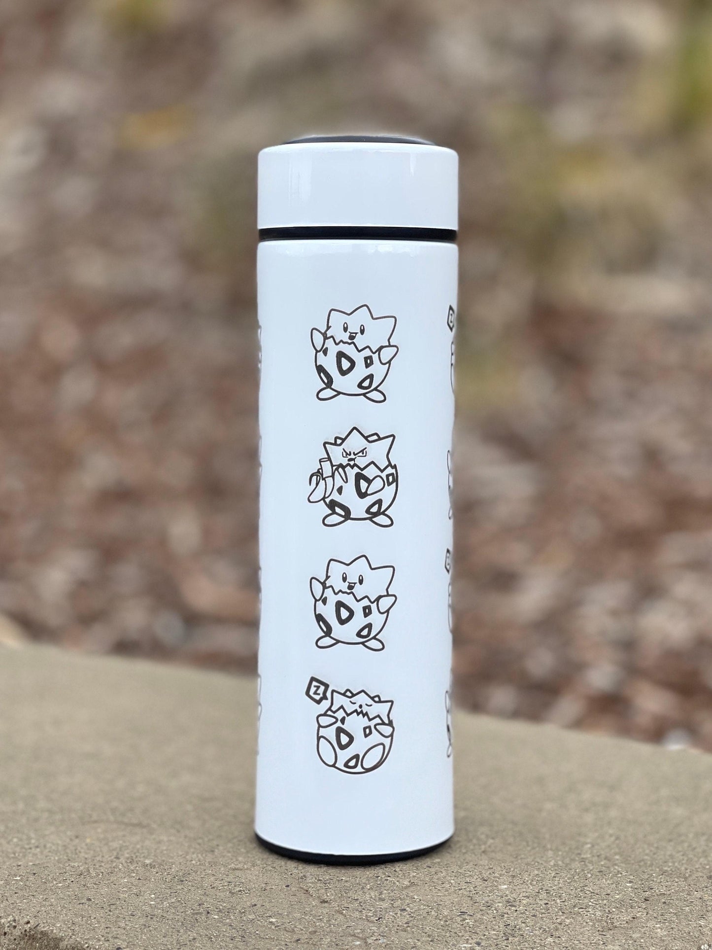 Togepi Engraved Coffee Tumbler with Tea Infuser, Crying & Angry Togepi with Banana, Funny Cute Anime Waterbottle Travel Mug Gift
