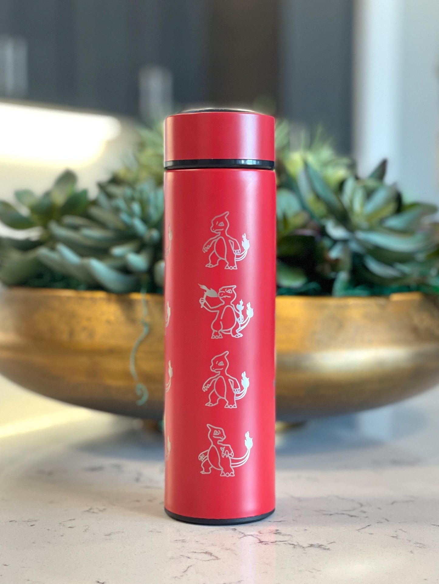 Charmeleon Coffee Tumbler Waterbottle Tea Infuser with Sleeping Charmeon Travel Mug Thermos, Charmander Evolution Anime Fan Birthday Gift