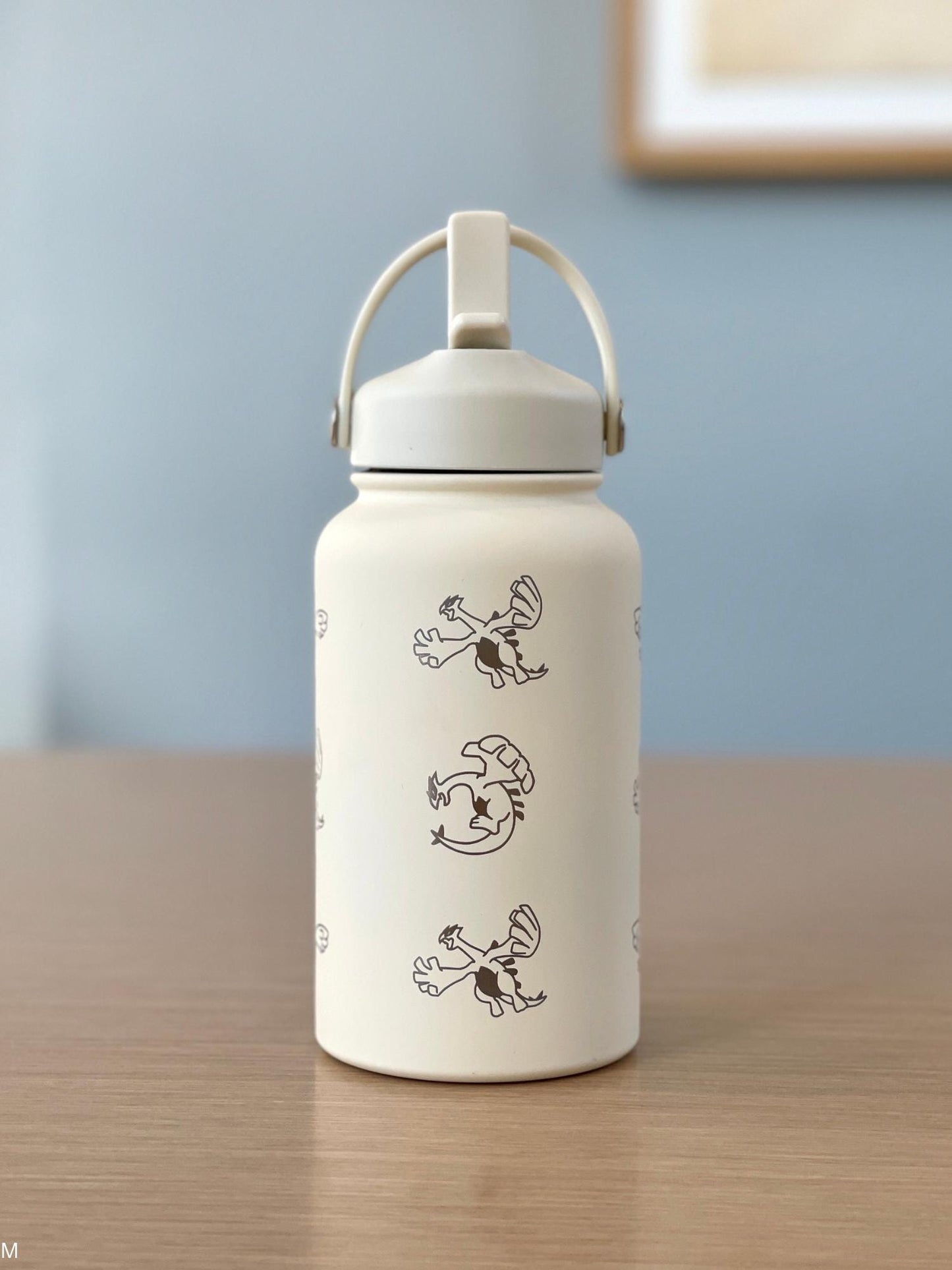 Lugia Engraved Straw Water Bottle, Aeroblast Move Johto Legendary Waterbottle Coffee Tumbler, Anime Fan Travel Mug Cup Birthay Gift