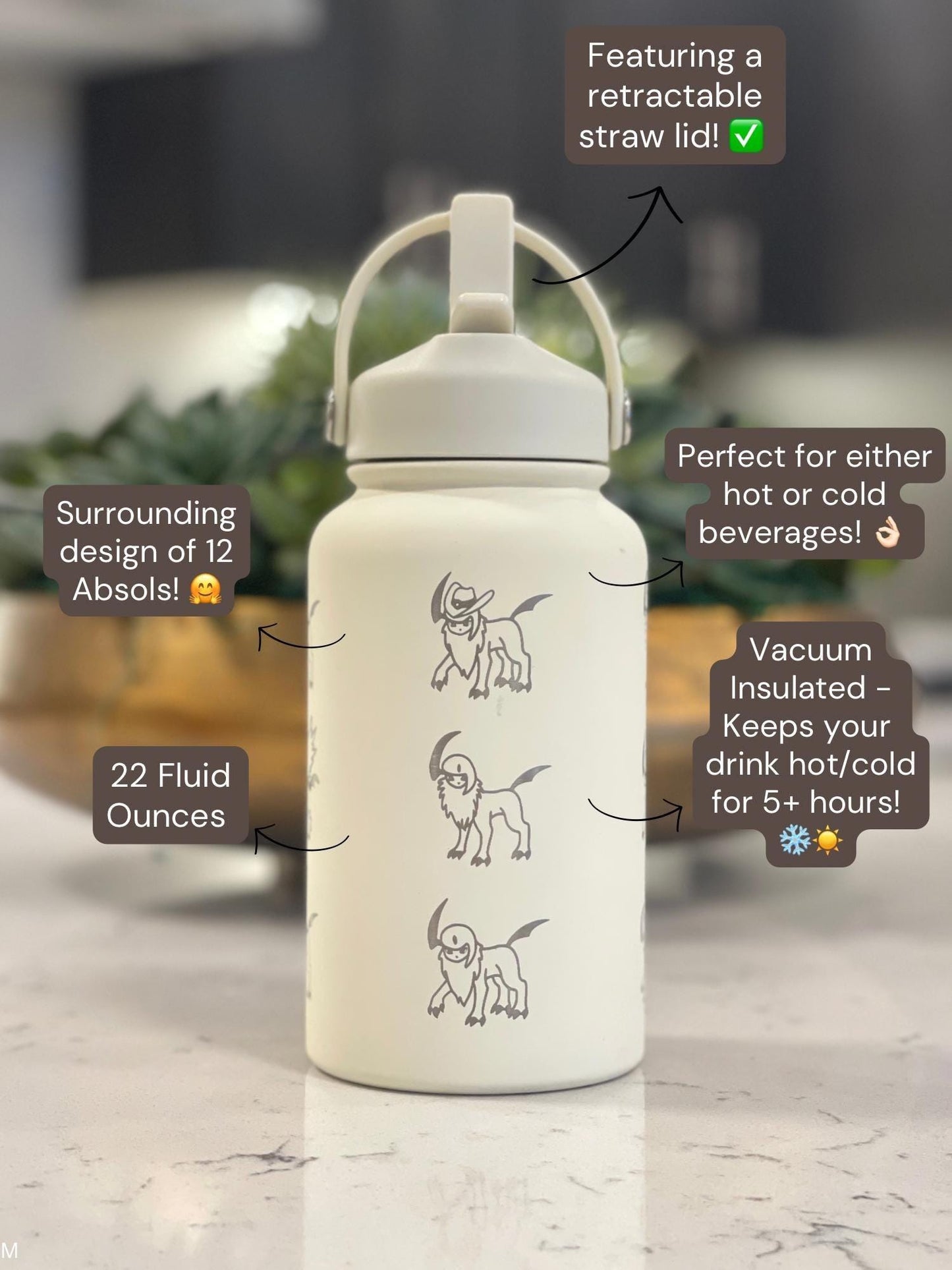 Absol Water Bottle Engraved Coffee Tumbler with Mega Absol & Sleeping Absol, Engraved Waterbottle, Gamer Travel Mug Thermos Birthday Gift