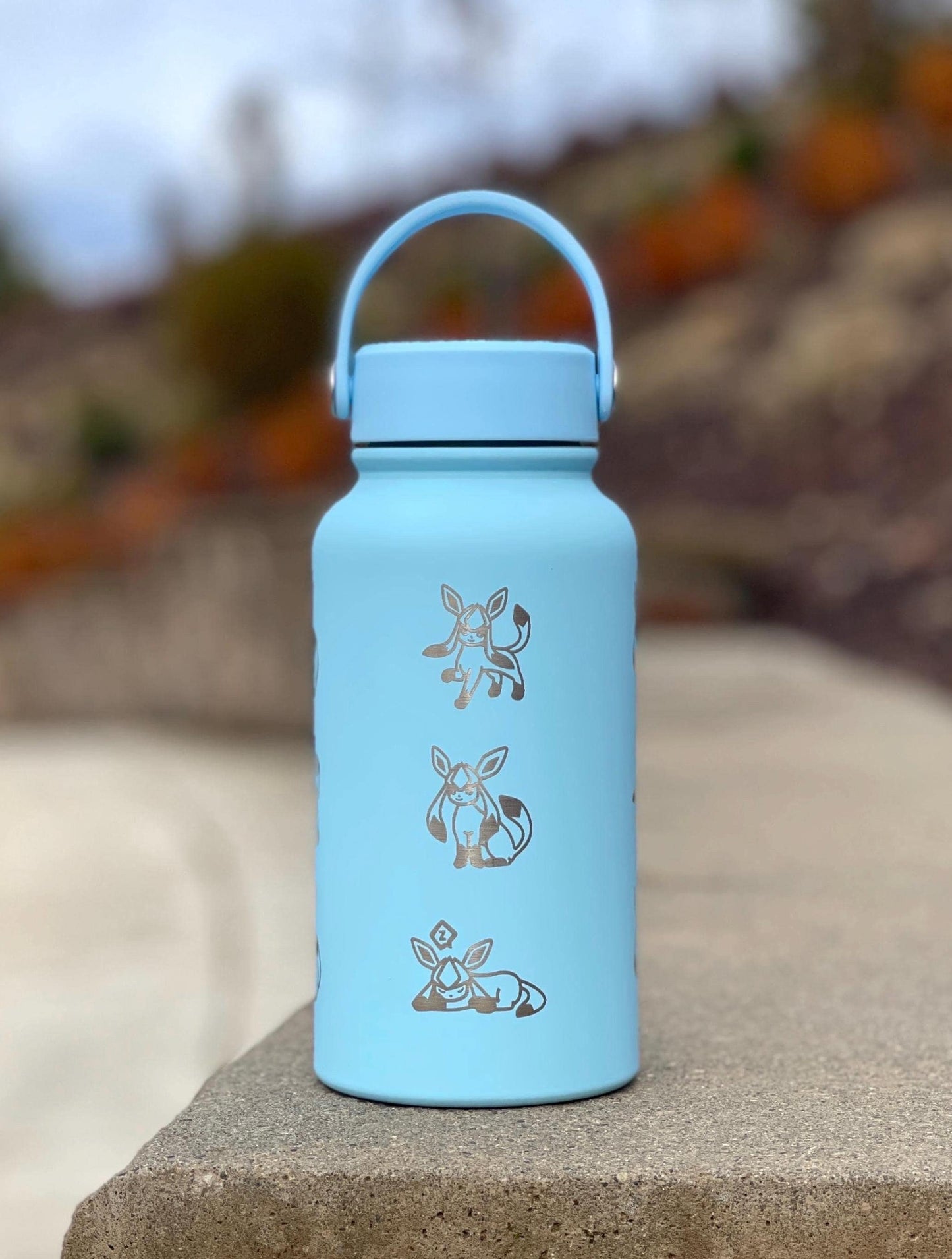 Glaceon Water Bottle Engraved Coffee Tumbler with Ice Beam Glaceon & Unite Costume Waterbottle, Eeveelution Anime Fan Anniversary Gift