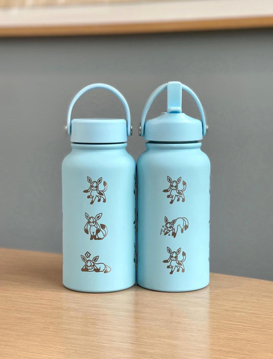 Glaceon Water Bottle Engraved Coffee Tumbler with Ice Beam Glaceon & Unite Costume Waterbottle, Eeveelution Anime Fan Anniversary Gift