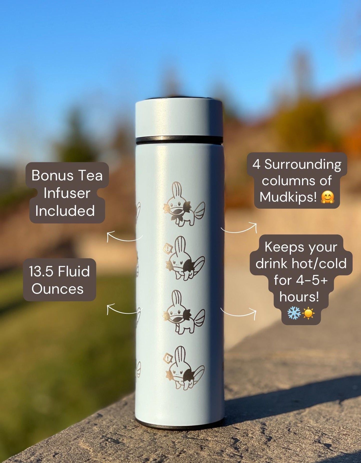 Mudkip Coffee Tumbler Tea Infuser with Mystery Dungeon Scarf & Drinking Cup, Hoenn Water Starter Bottle Travel Mug, Ruby Sapphire Fan Gift