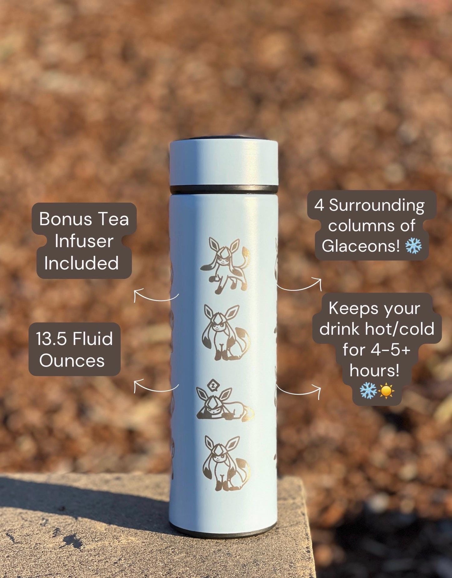 Glaceon Coffee Tumbler Leafeon Set with Tea Infuser, Ice Beam & Unite Style Costume Waterbottle Flask, Eeveelution Anime Fan Birthday Gift