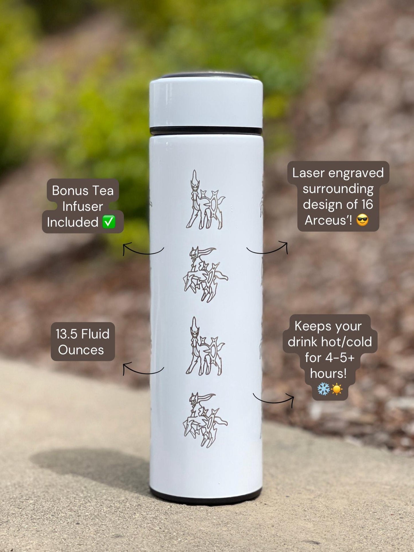 Arceus Coffee Tumbler Waterbottle with Tea Infuser, Sinnoh Legendary Legends Mythical Water Bottle, Anime Fan Travel Mug Flask Gift
