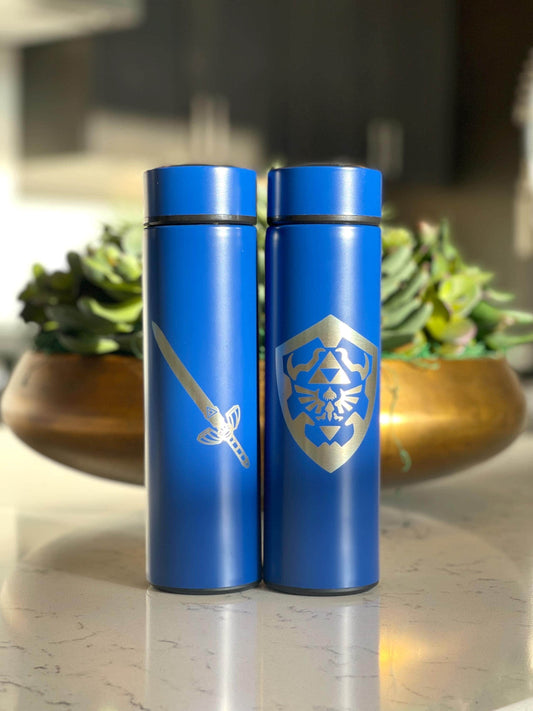 Zelda Hylian Shield + Sword Link Coffee Tumbler Tea Infuser, Tears of the Kingdom Water Bottle, Travel Mug Gamer Birthday Anniversary Gift