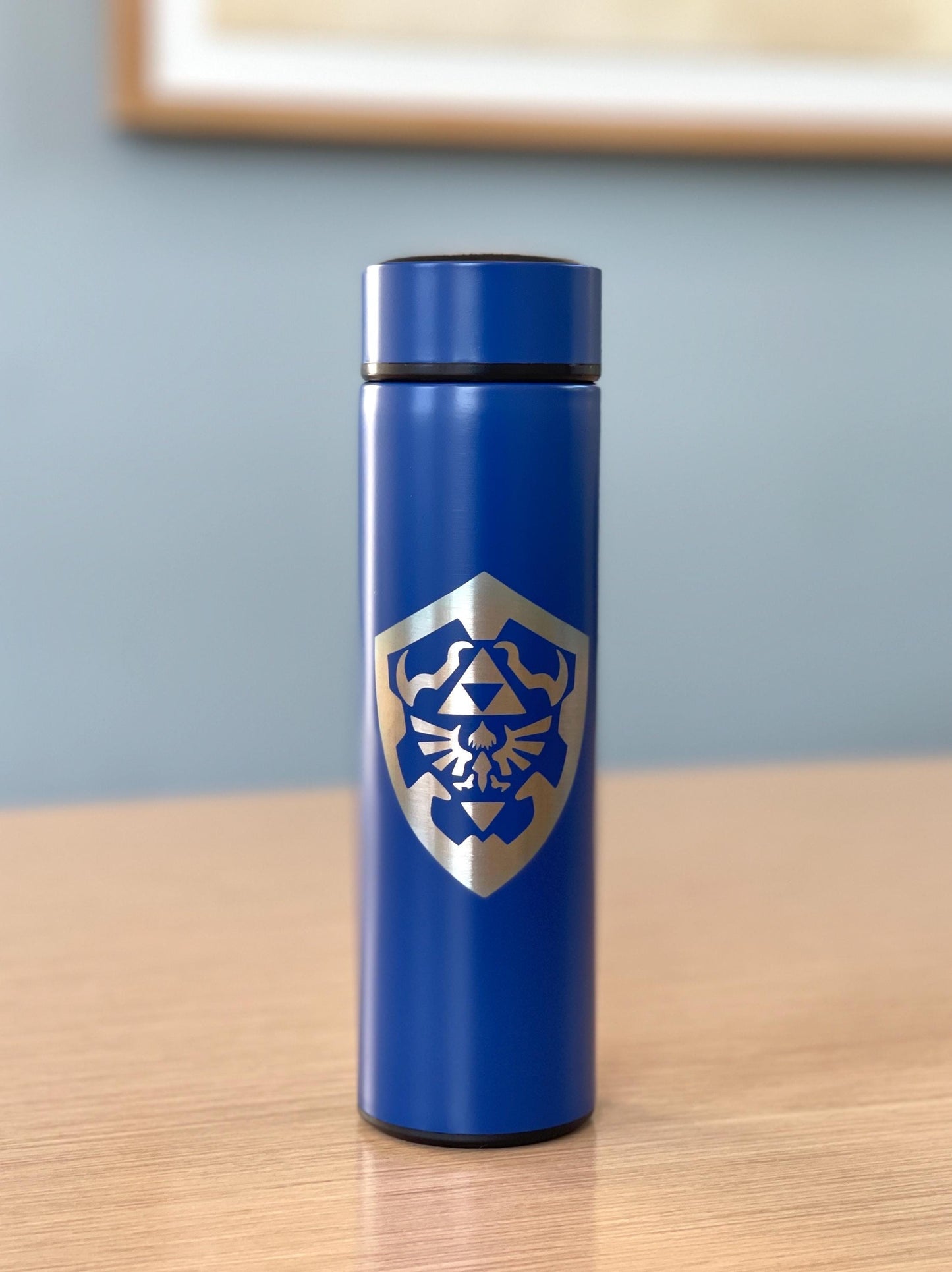 Zelda Hylian Shield + Sword Link Coffee Tumbler Tea Infuser, Tears of the Kingdom Water Bottle, Travel Mug Gamer Birthday Anniversary Gift