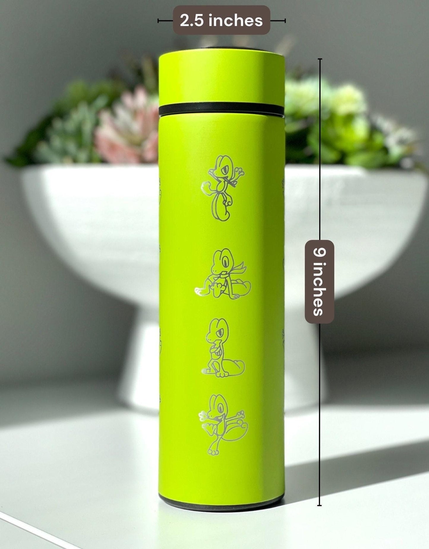 Treeko Coffee Tumbler with Tea Infuser Hoenn Grass Starter Water Bottle, Anime Gamer Travel Cup Mug Flask Drinkware Gift