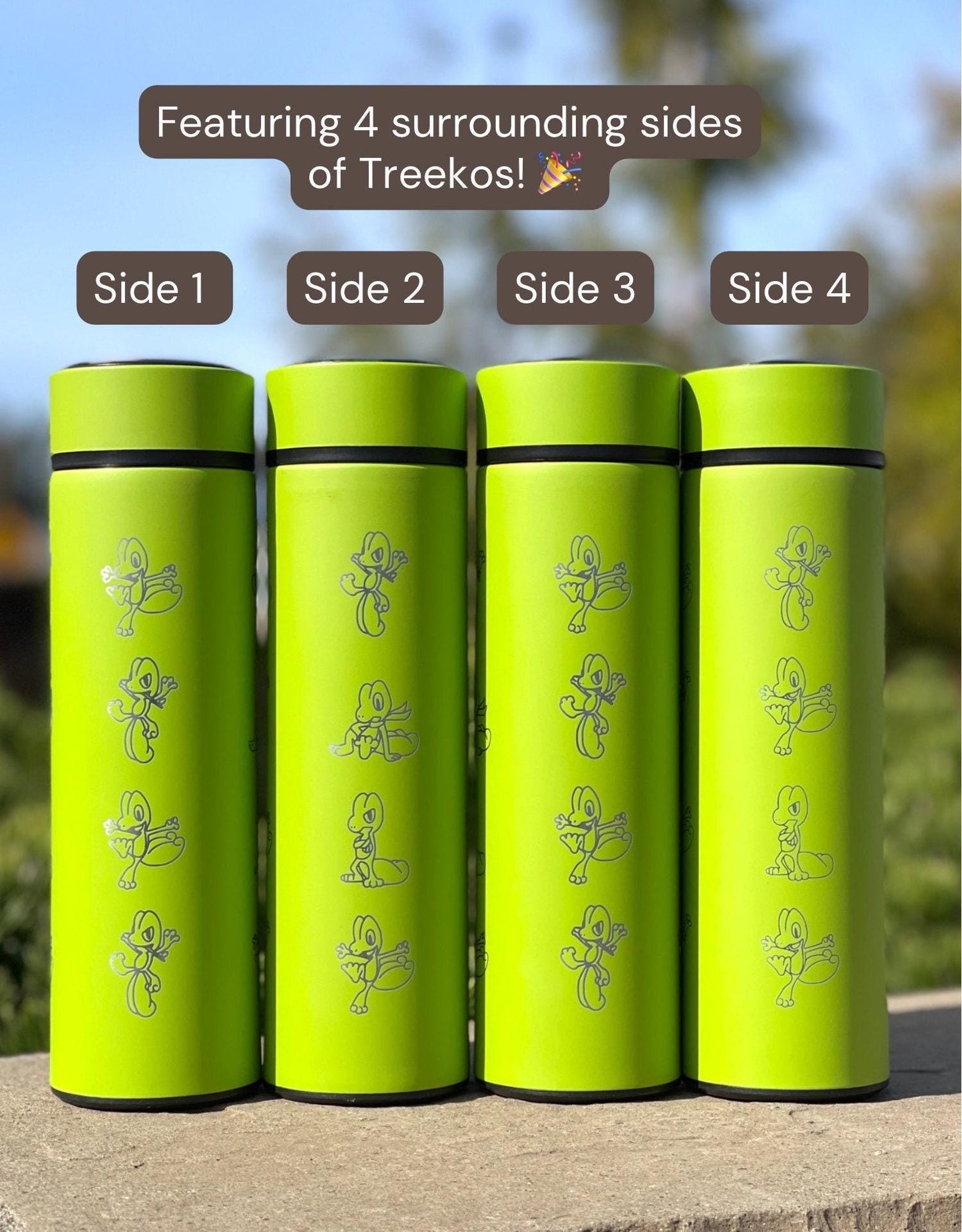 Treeko Coffee Tumbler with Tea Infuser Hoenn Grass Starter Water Bottle, Anime Gamer Travel Cup Mug Flask Drinkware Gift