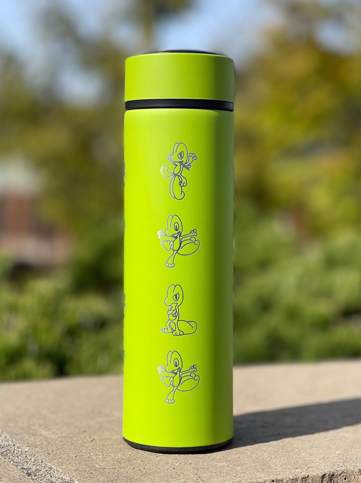 Treeko Coffee Tumbler with Tea Infuser Hoenn Grass Starter Water Bottle, Anime Gamer Travel Cup Mug Flask Drinkware Gift