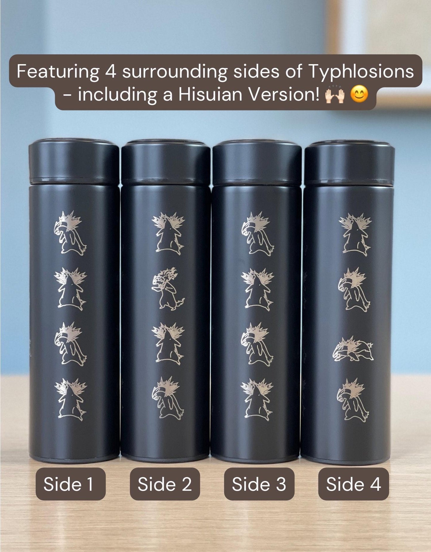 Typhlosion Engraved Coffee Tumbler with Hisuian Typhlosion, Water Bottle with Tea Infuser, Anime Travel Mug, Fire Johto Starter Fan Gift