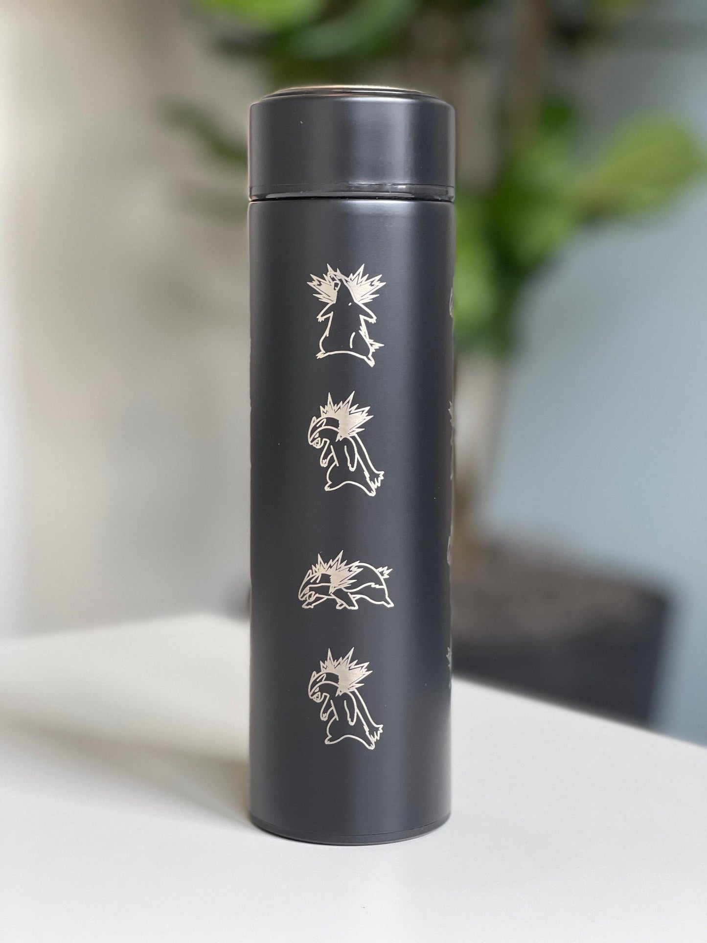 Typhlosion Engraved Coffee Tumbler with Hisuian Typhlosion, Water Bottle with Tea Infuser, Anime Travel Mug, Fire Johto Starter Fan Gift