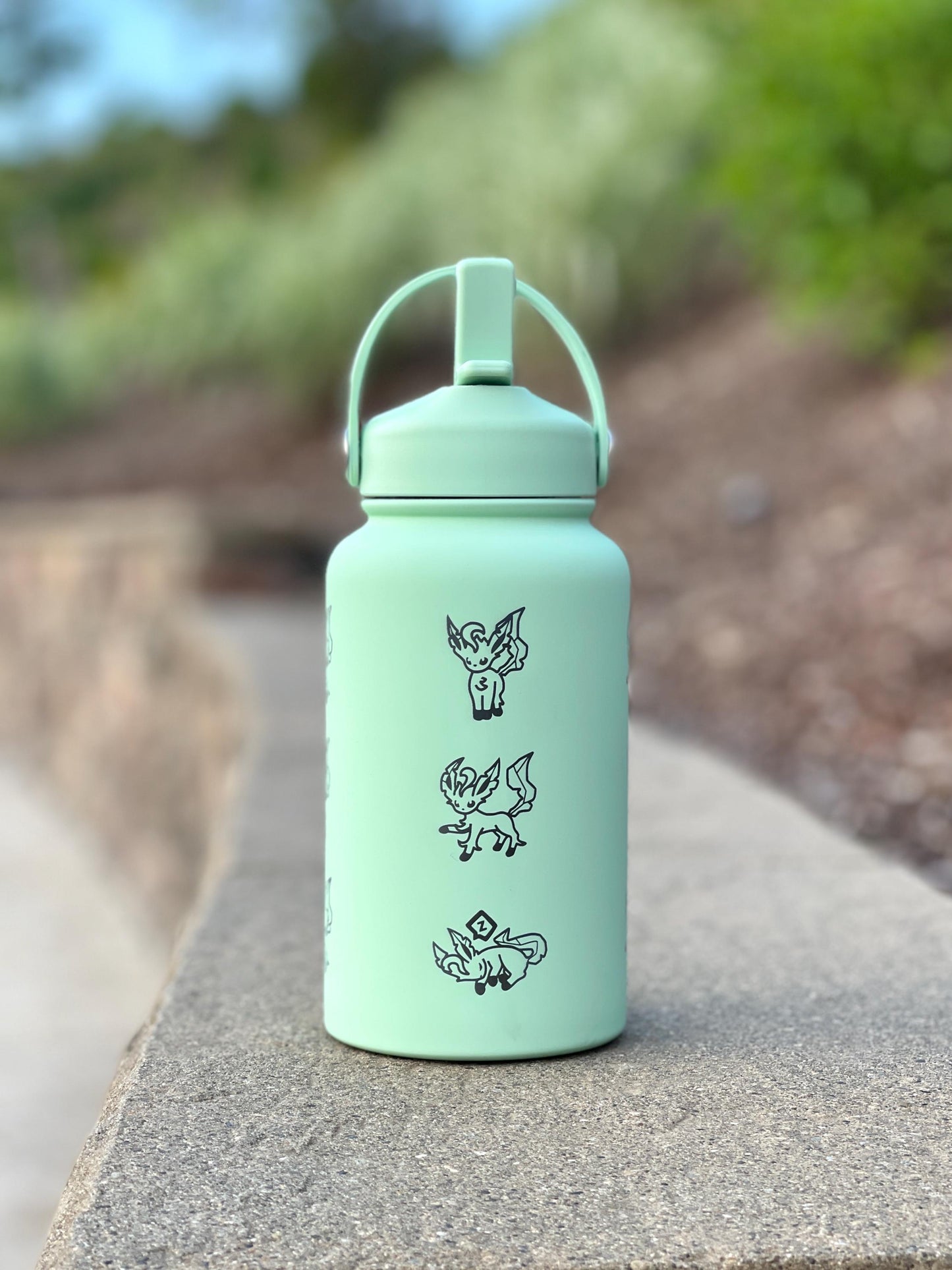 Leafeon Water Bottle Engraved Coffee Tumbler Razor Leaf & Flower Crown Costume Waterbottle, Eeveelution Anime Fan Birthday Thermos Gift