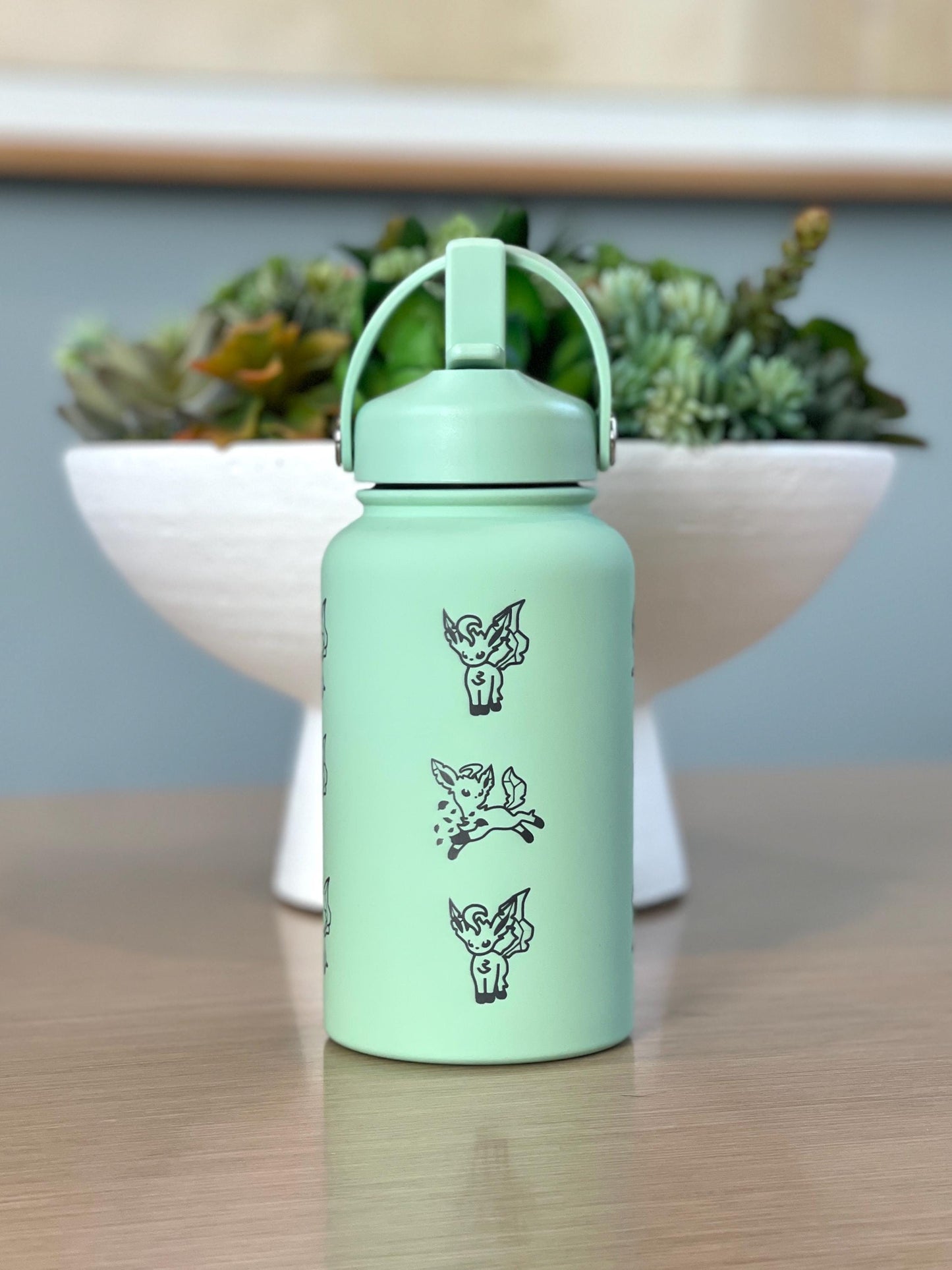 Leafeon Water Bottle Engraved Coffee Tumbler Razor Leaf & Flower Crown Costume Waterbottle, Eeveelution Anime Fan Birthday Thermos Gift