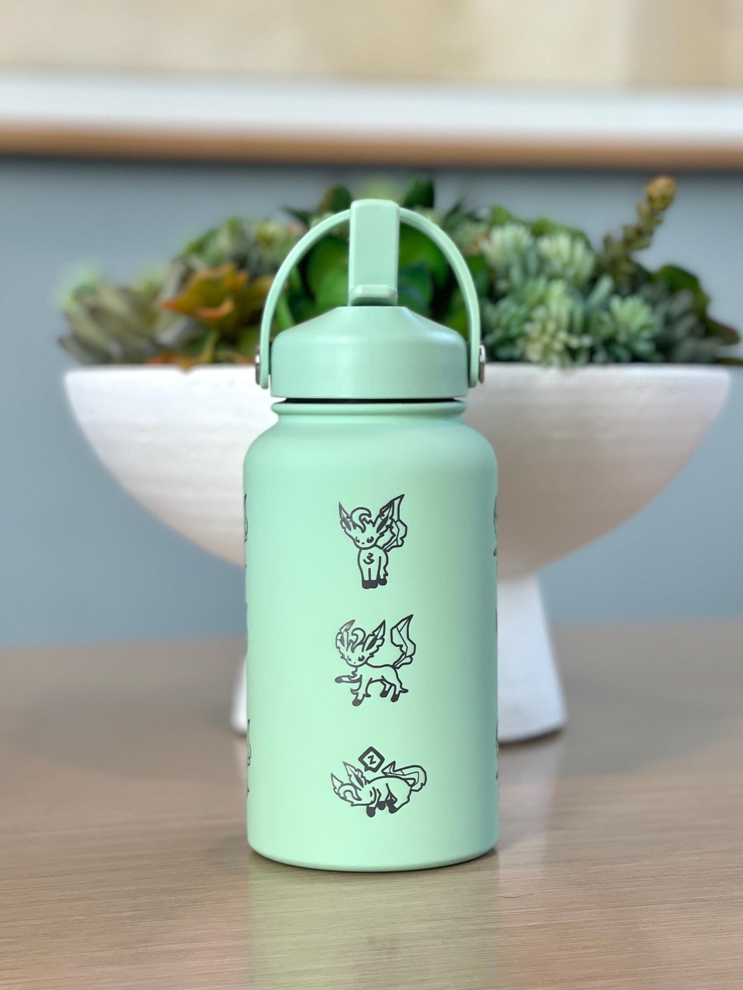 Leafeon Water Bottle Engraved Coffee Tumbler Razor Leaf & Flower Crown Costume Waterbottle, Eeveelution Anime Fan Birthday Thermos Gift