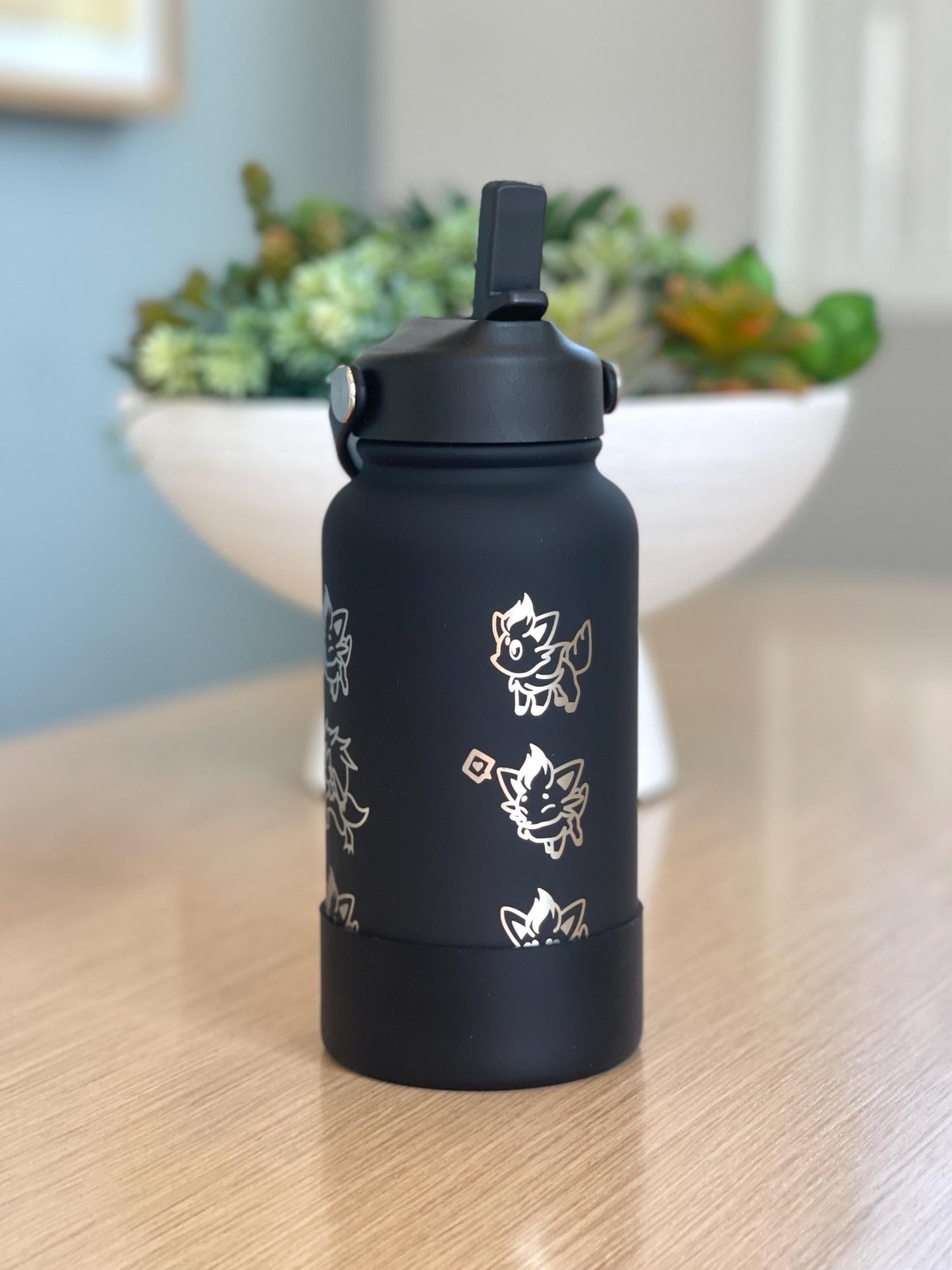 Zorua Zoroark Water Bottle Engraved Coffee Tumbler with Sleeping Zorua, Waterbottle Travel Mug Thermos, Anime Fan Anniversary Birthday Gift