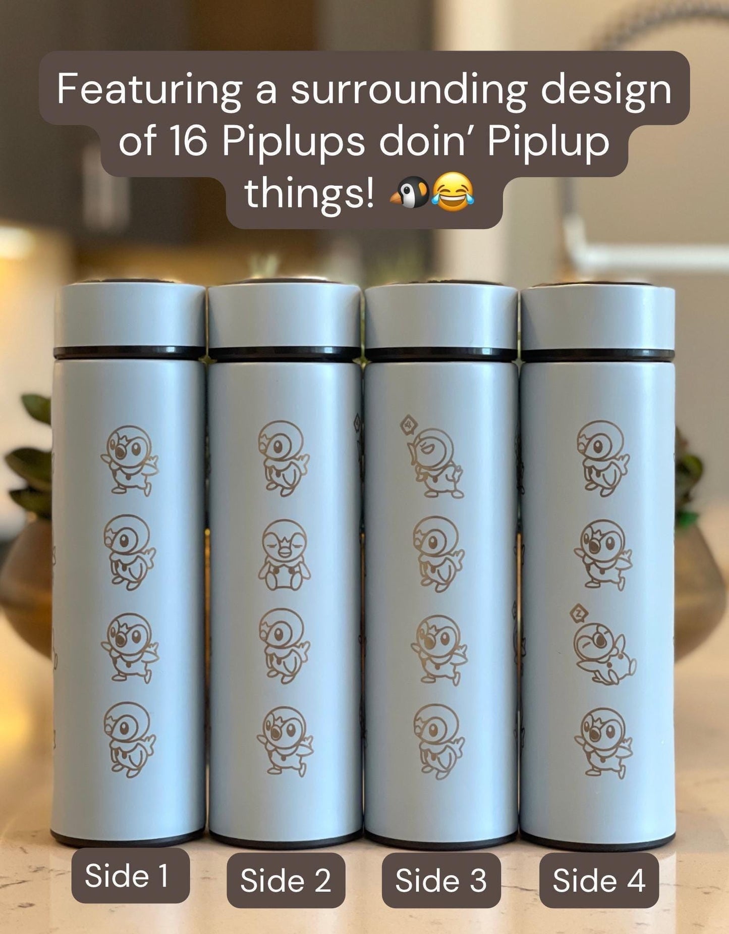 Piplup Tumbler Waterbottle with Tea Infuser, Coffee Tumbler, Angry & Sleeping Piplup Starter Cute Anime Waterbottle Travel Mug Gift