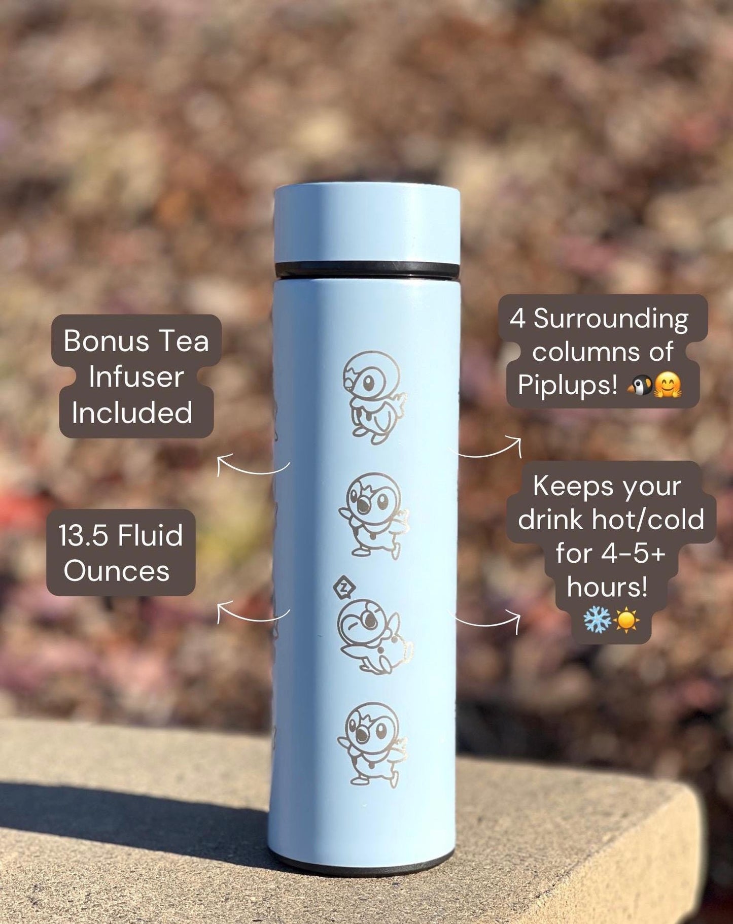 Piplup Tumbler Waterbottle with Tea Infuser, Coffee Tumbler, Angry & Sleeping Piplup Starter Cute Anime Waterbottle Travel Mug Gift