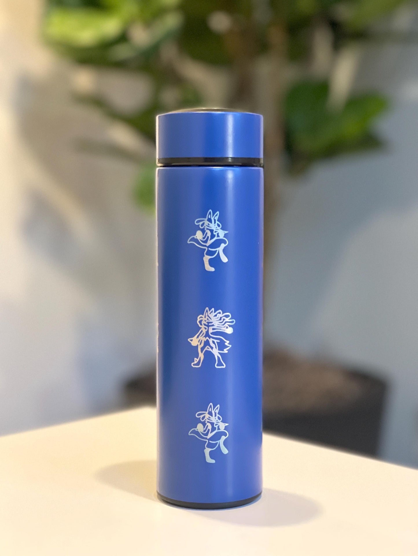 Lucario Coffee Tumbler Tea Infuser Waterbottle with Mega Lucario Aura Sphere, Engraved Water Bottle Thermos, Gamer Anniversary Birthday Gift